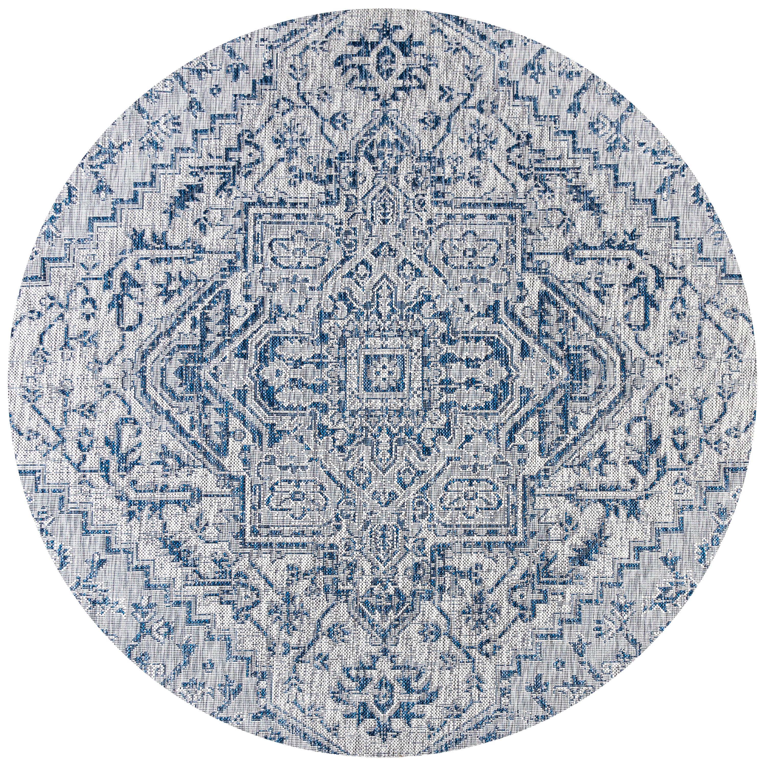 JONATHAN Y Estrella Bohemian Medallion Textured Weave Navy/Gray 9' Round Indoor/Outdoor Area Rug