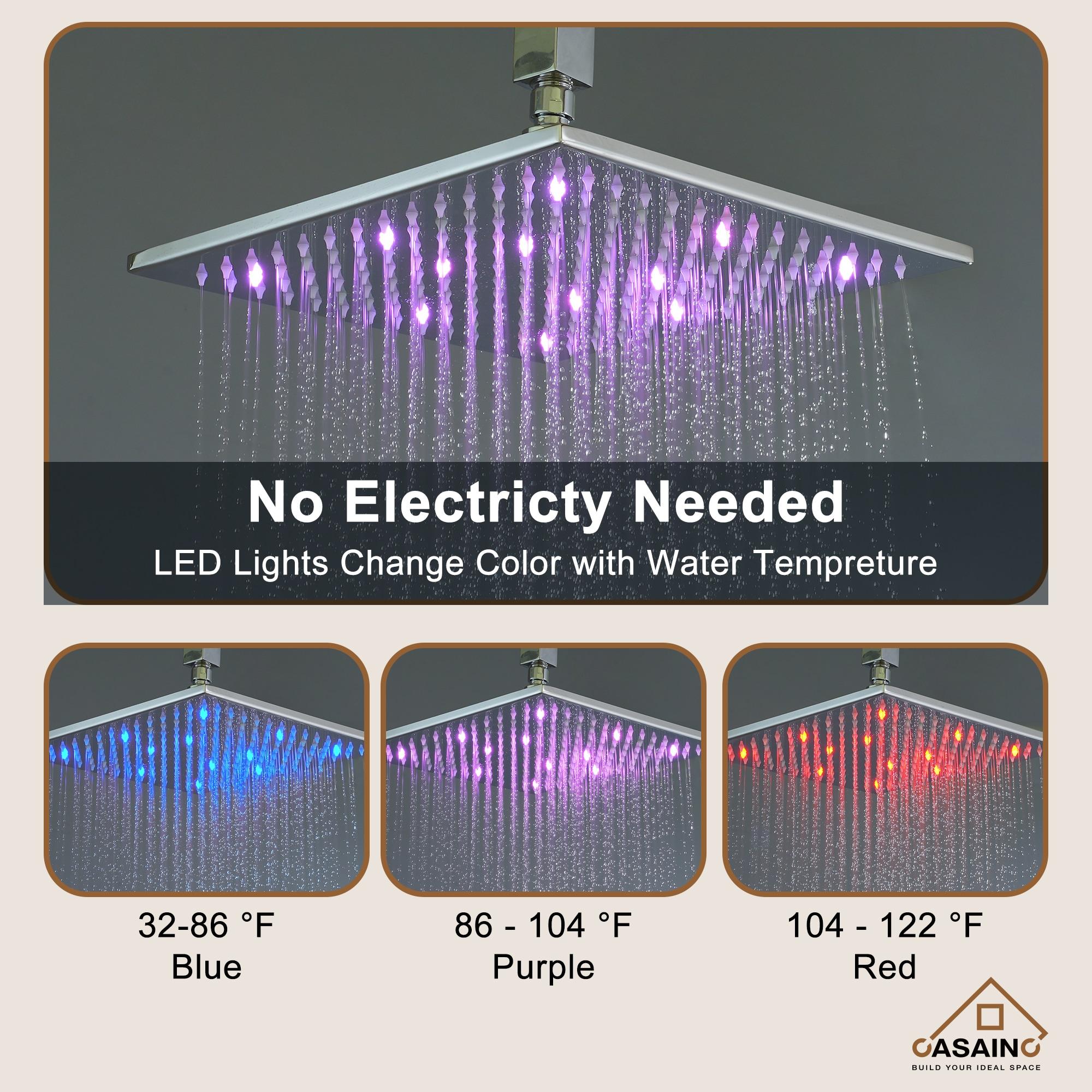 3-Function Luxury Ceiling Mount 12 Inch LED Thermostatic Shower System with 6 Body Jets