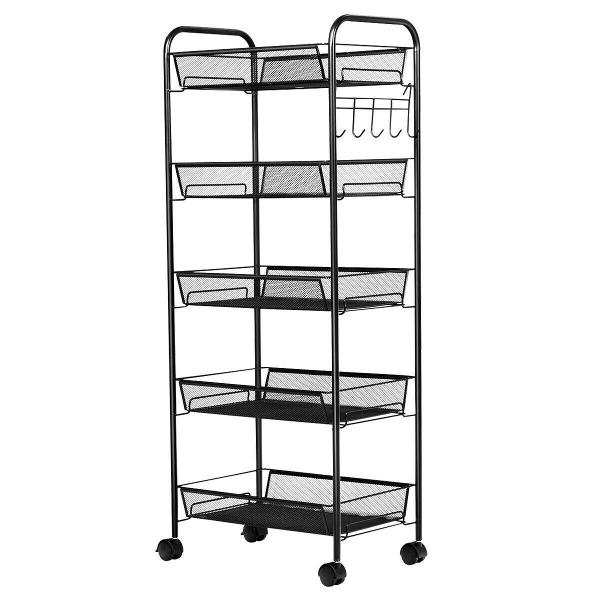Costway 5 Tier Storage Rack Trolley Cart Home Kitchen Organizer Utility Baskets Black