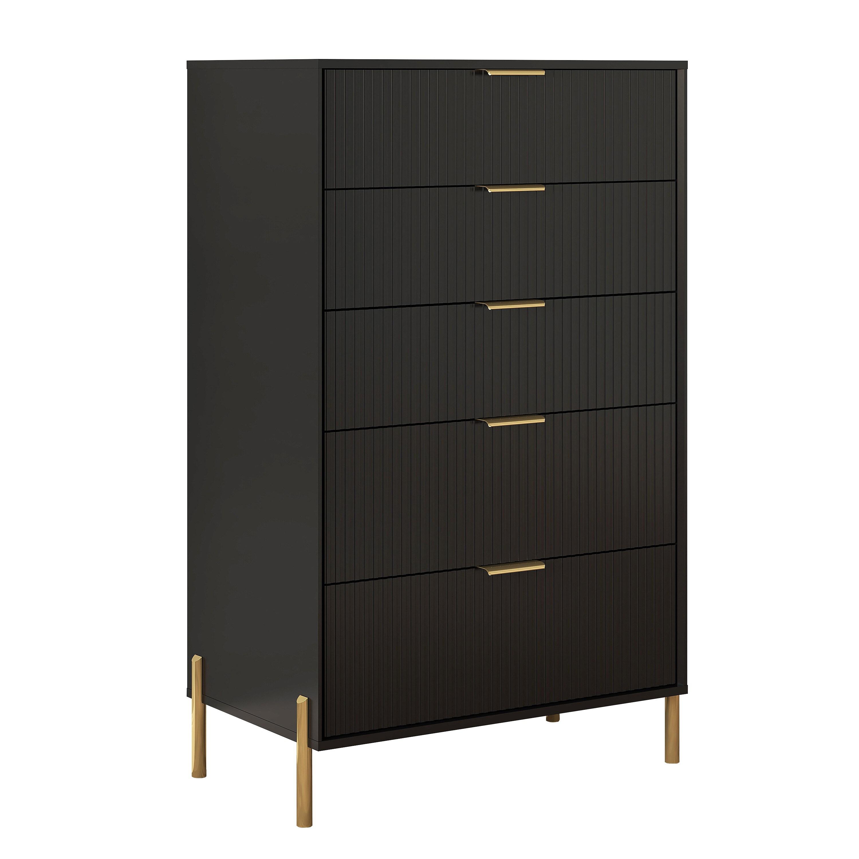 Festivo 5 Drawer Chest of Drawers Black: Modern Vertical Dresser, MDF Construction, Includes Anti-Tip Hardware