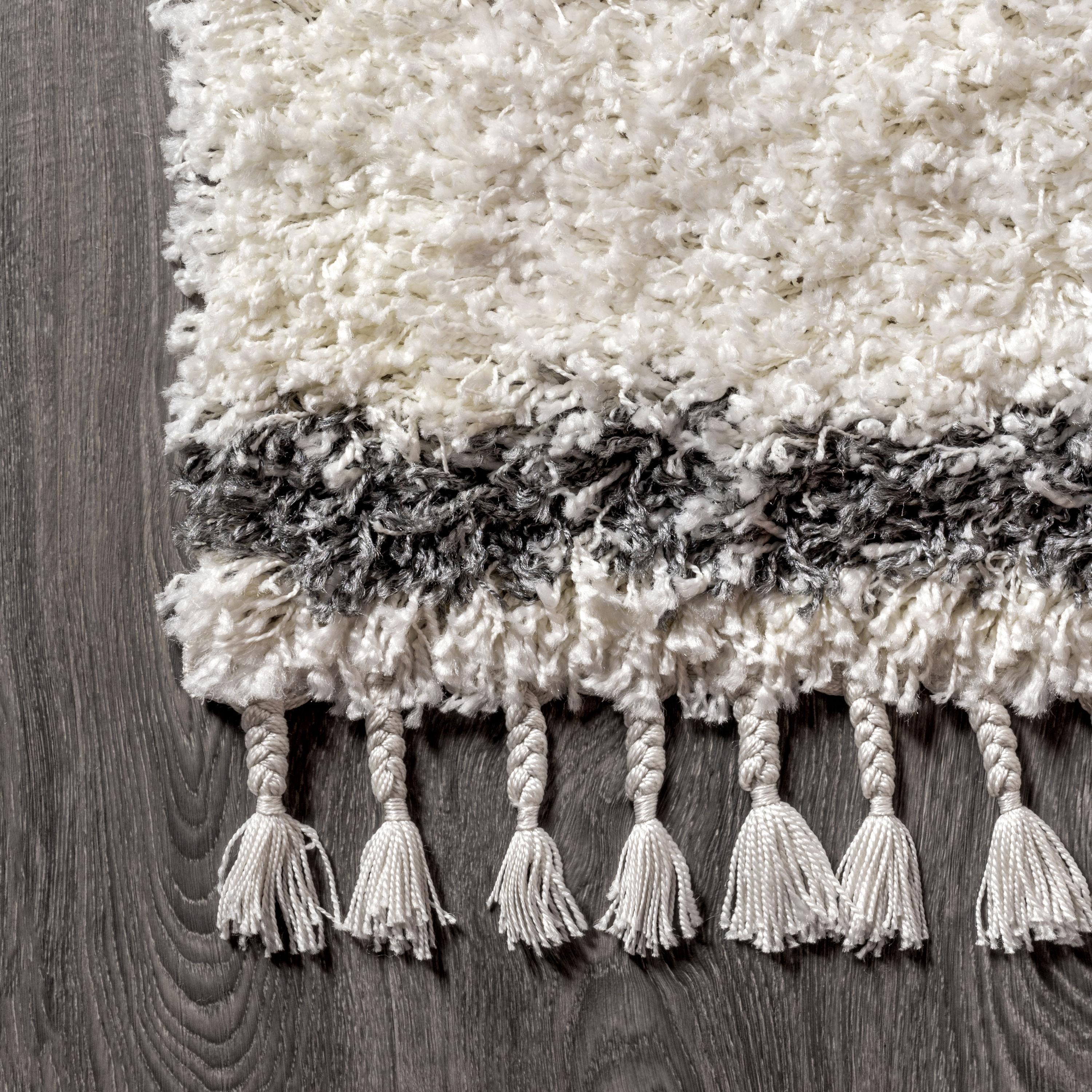 5'x8' Mercer Shag Plush Tassel Moroccan Geometric Trellis Area Rug, Cream/Grey - JONATHAN Y