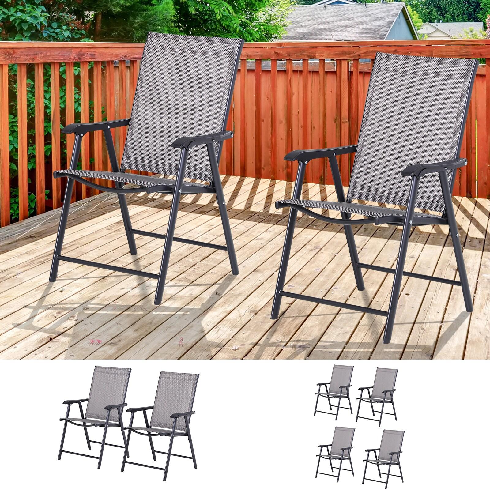 Outsunny Set of 2 Patio Folding Chairs, Stackable Outdoor Sling Chairs with Armrests for Lawn, Camping, Dining, Beach, Metal Frame, Gray