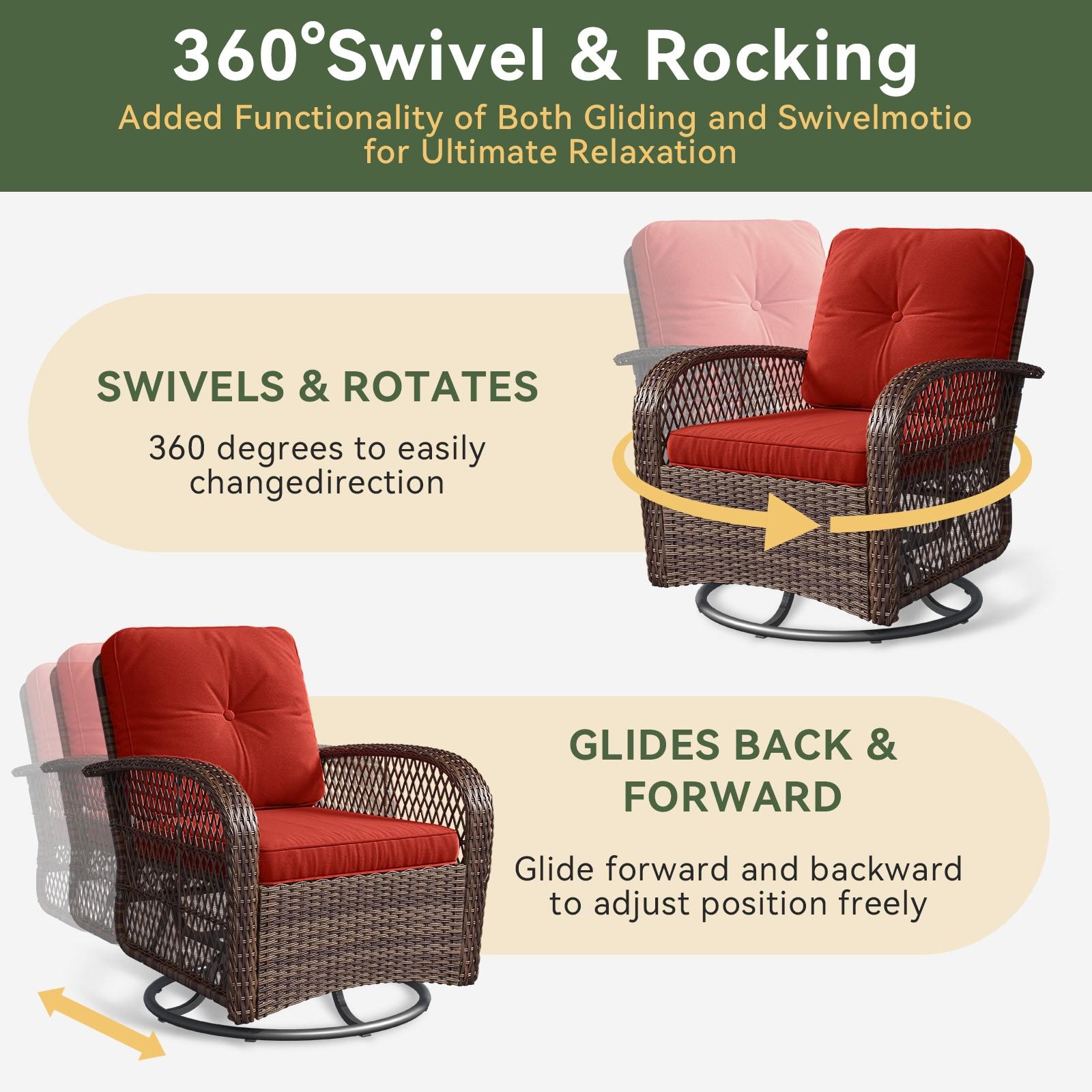 MRUAKA 3 Pieces Patio Furniture Set, Outdoor Swivel Gliders Rocker, Wicker Patio Bistro Set with Rattan Rocking Chair, Glass Top Side Table and Thickened Cushions for Porch Deck Backyard(Red)
