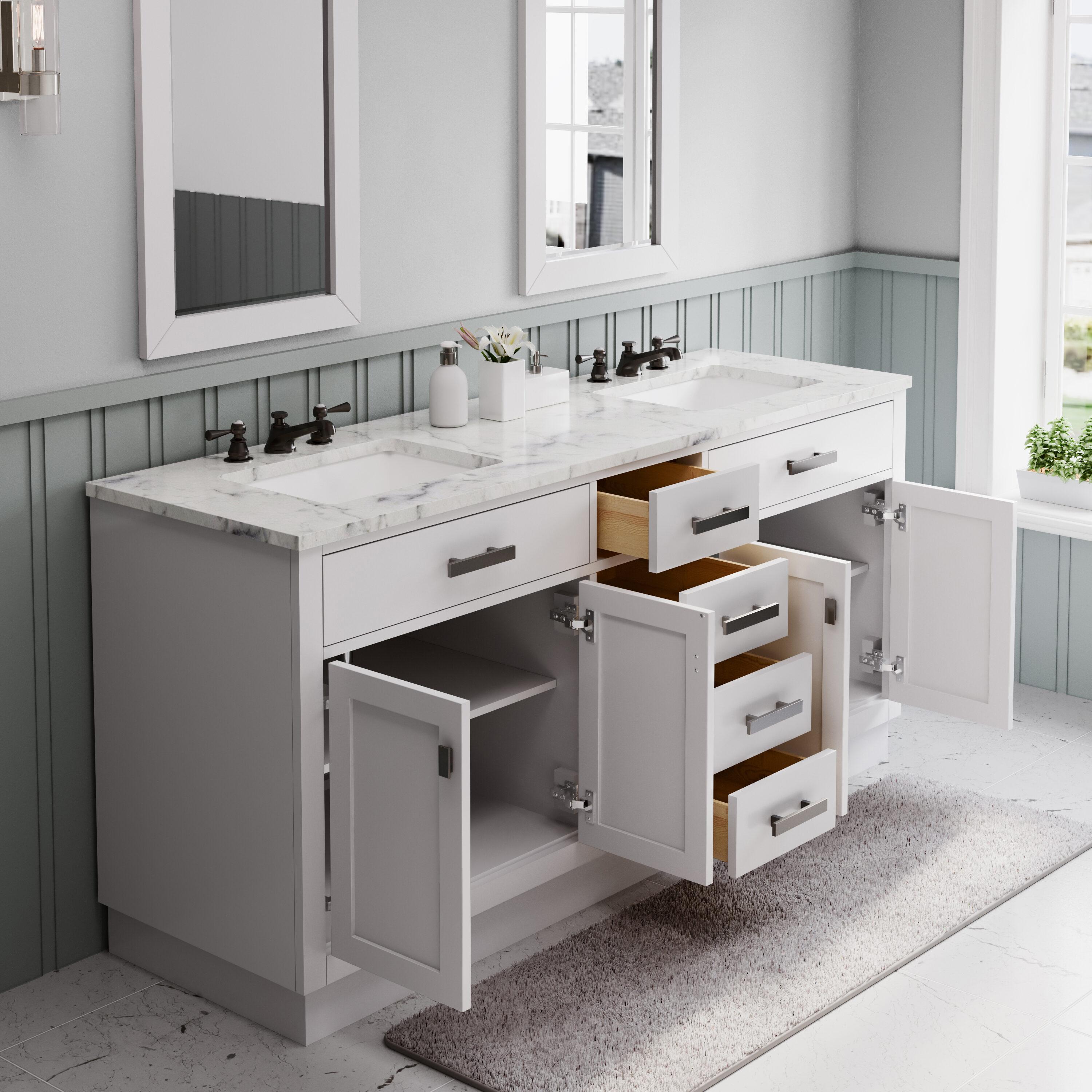 Hartford 72" Carrara White Marble Countertop Bath Vanity in Pure White with Faucet