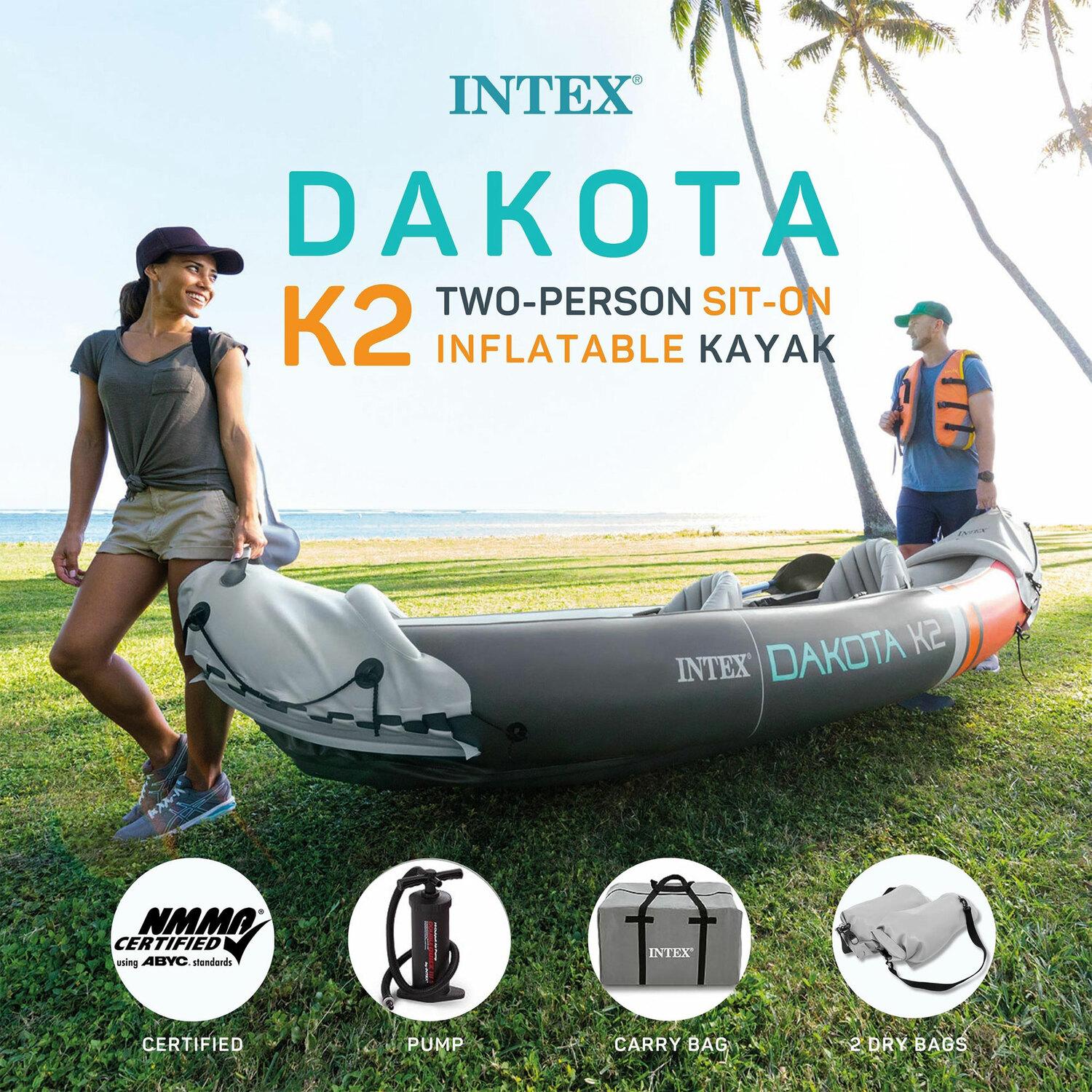 Intex Dakota K2 2 Person Inflatable Vinyl Kayak and Accessory Kit with 86 Inch Oars, Air Pump, and Carry Bag for Lakes and Rivers, Gray and Red