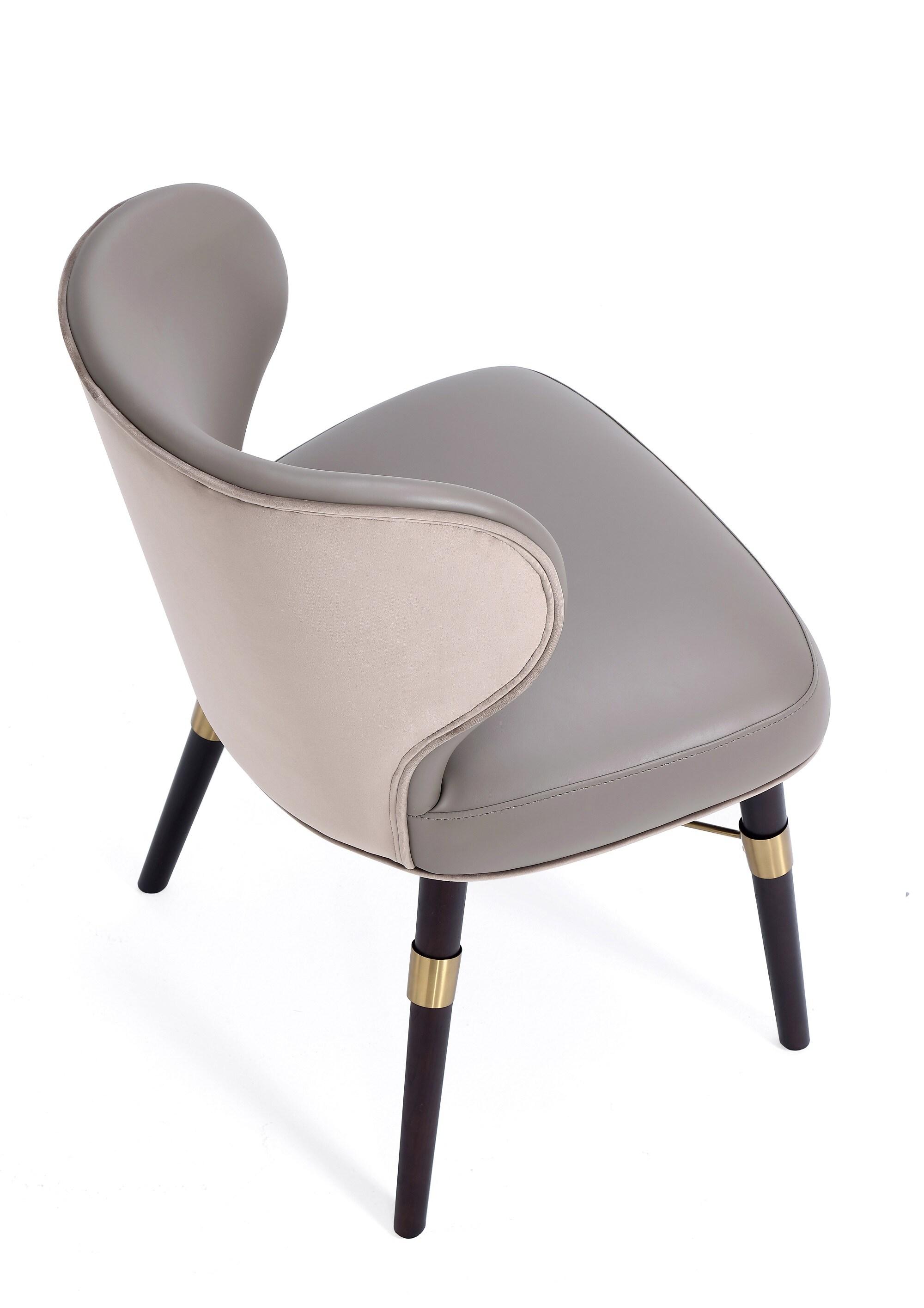 Modern Strine Dining Chair Upholstered in Velvet and Leatherette with Solid Wood Legs in Dark Taupe - Set of 2