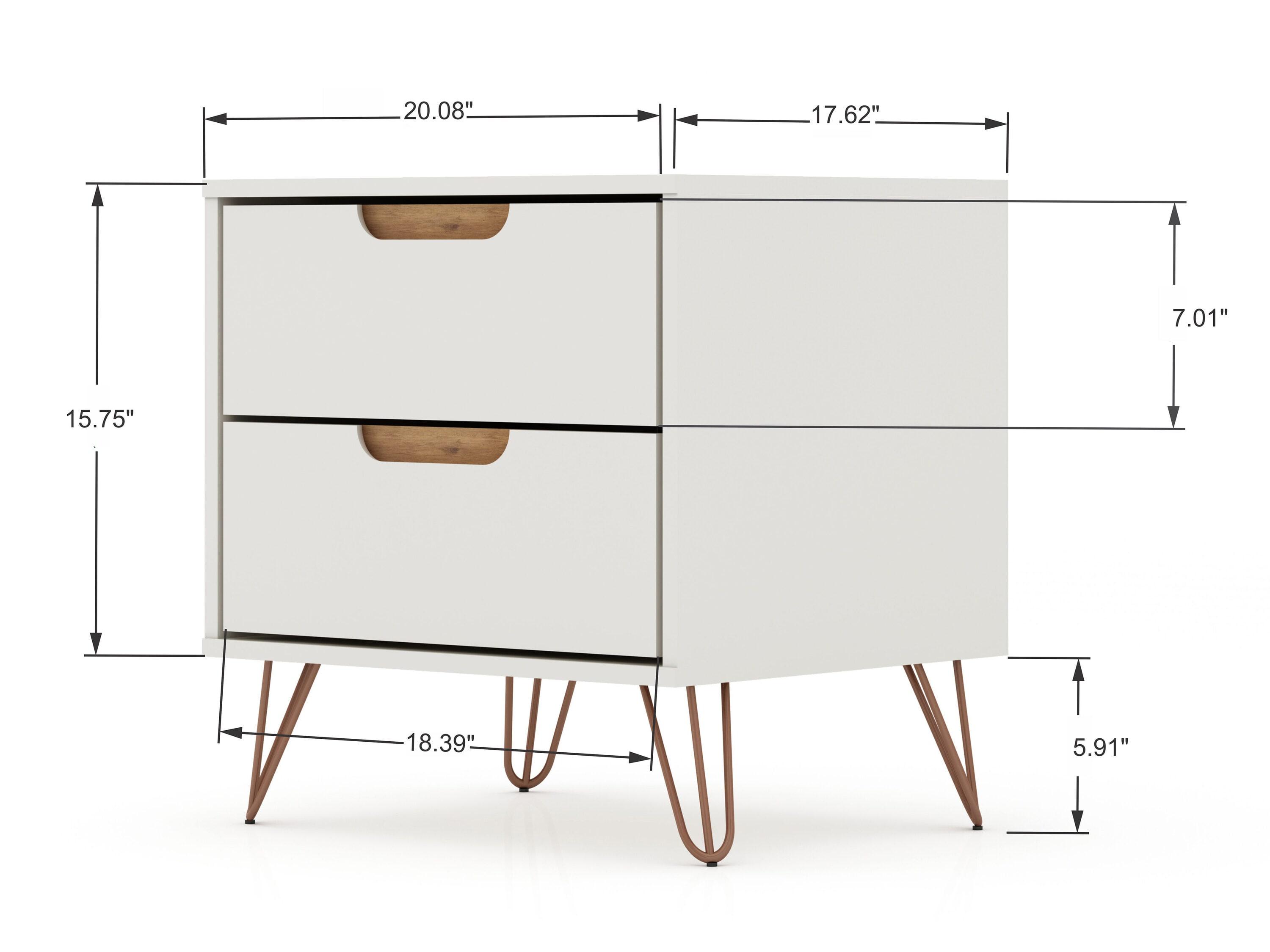 Manhattan Comfort 2.0 Rockefeller Nightstand Off White/Natural: Mid-Century Design, Splayed Metal Legs, Dual Drawers