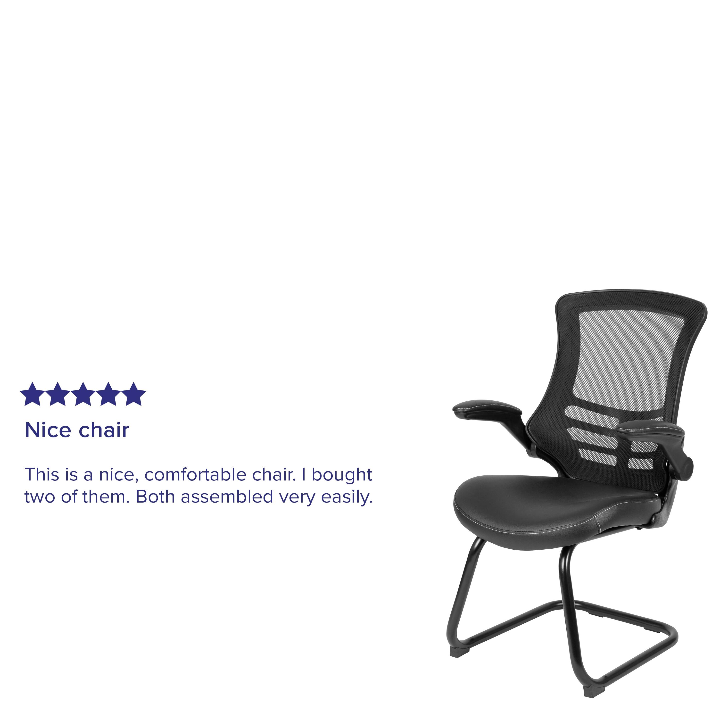 Flash Furniture Kelista Black Mesh Sled Base Side Reception Chair with White Stitched LeatherSoft Seat and Flip-Up Arms