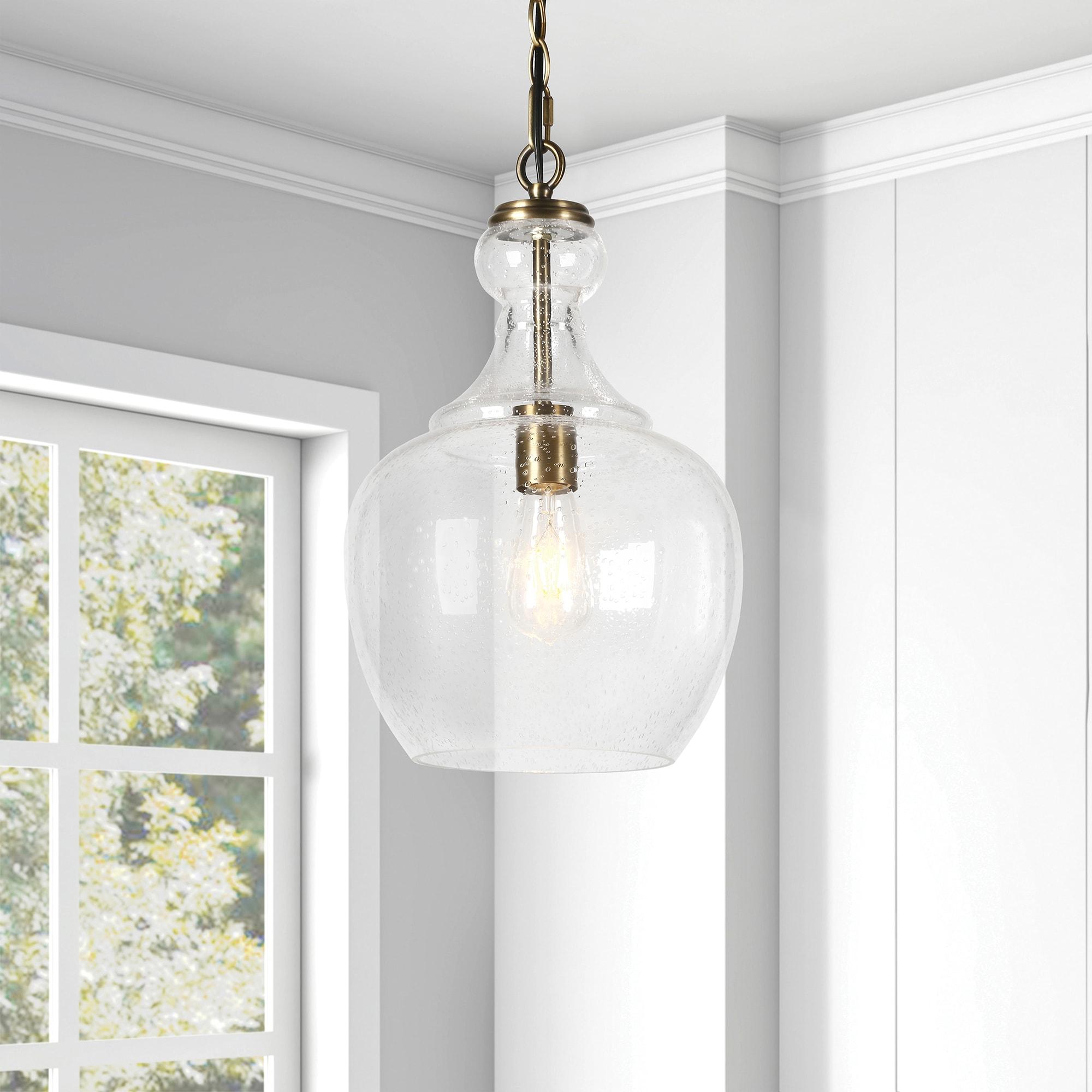 Henn&Hart 11" Wide Pendant with Glass Shade in Brass/Seeded, Pendant, Flush Mount Ceiling Light Fixture for Kitchen, Living Room