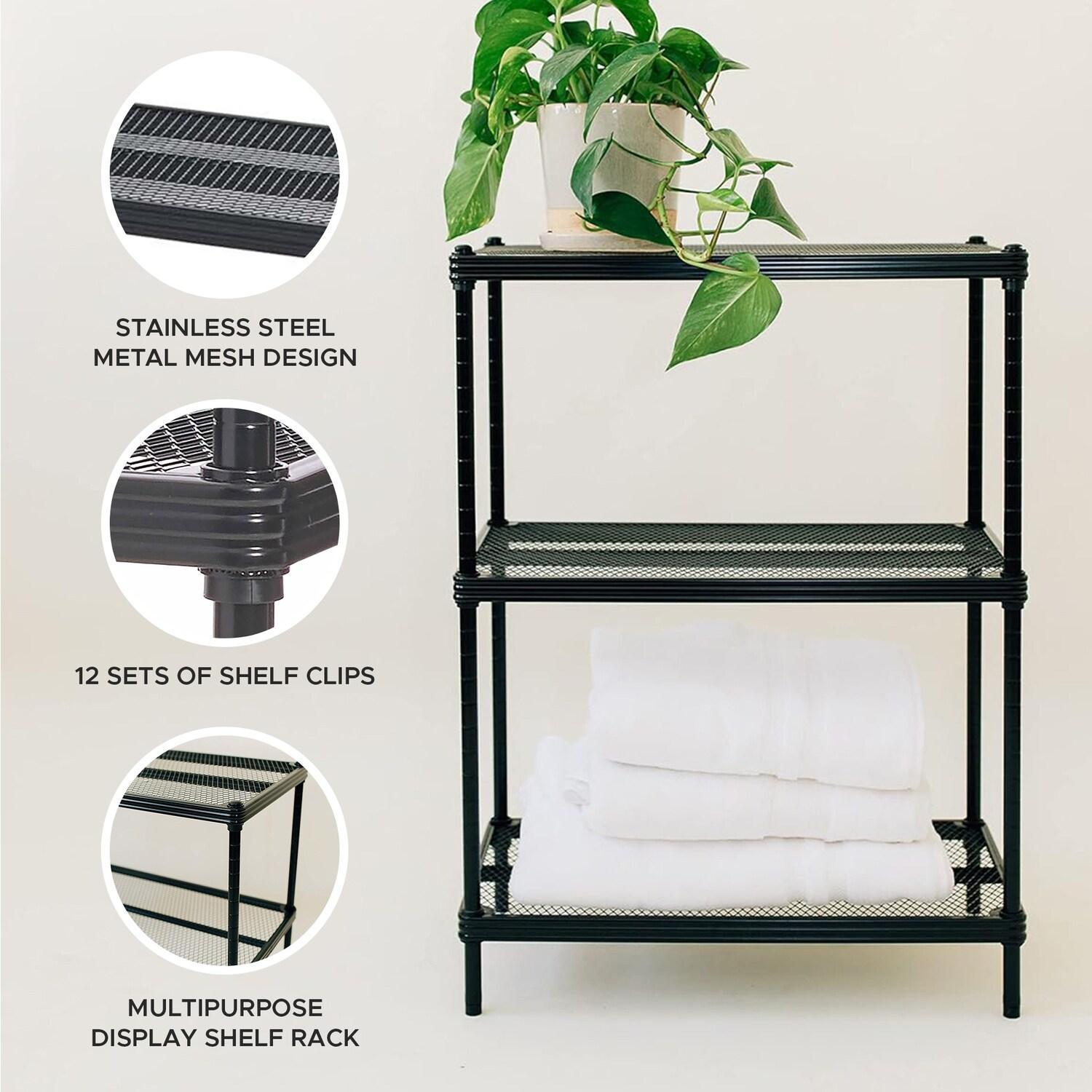 Design Ideas MeshWorks 3 Tier Full-Size Metal Storage Shelving Unit Rack for Kitchen, Office, and Garage Organization, 23.6” x 13.8” x 31.5,” Black