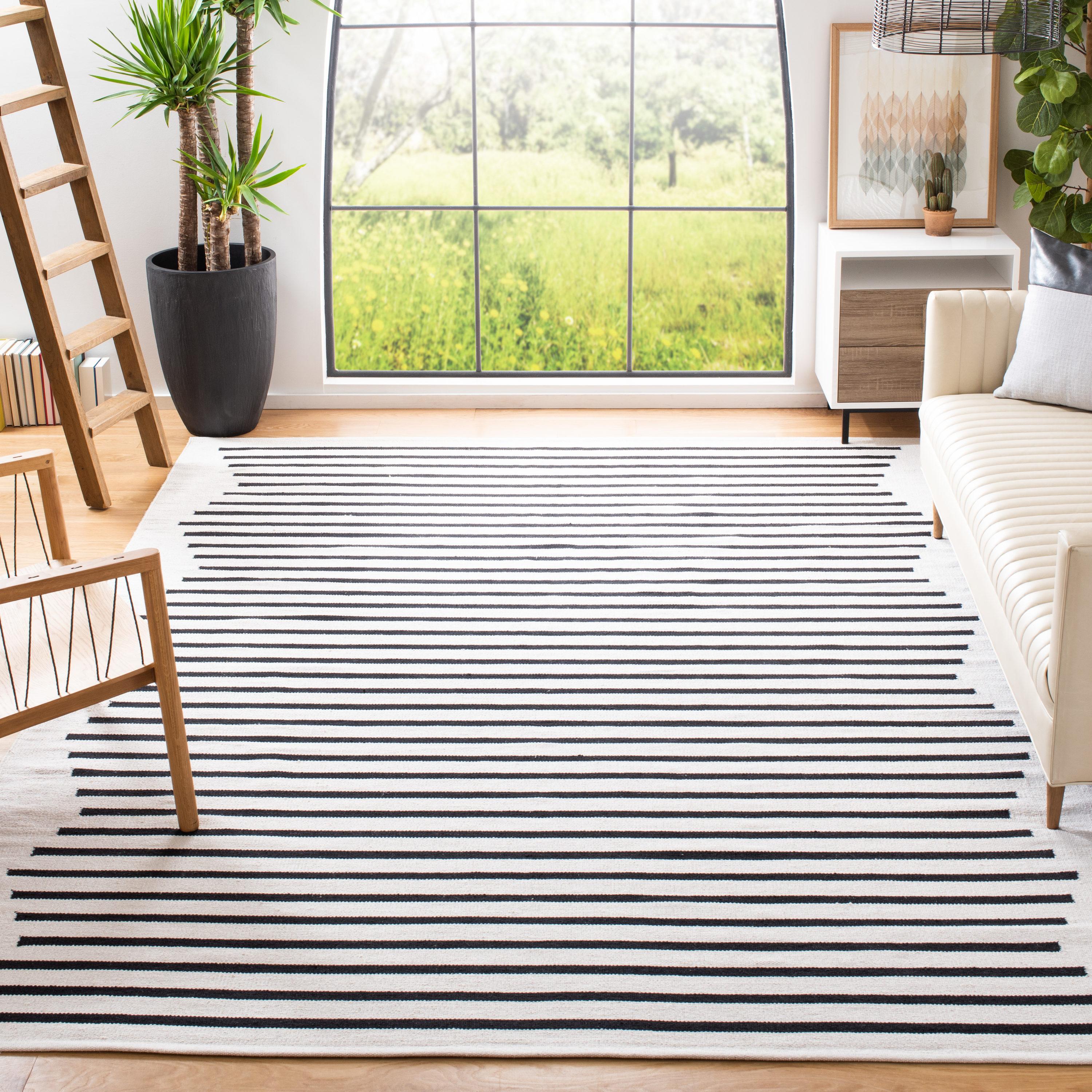 Handwoven Black Stripe Cotton 8' Square Flat Weave Rug
