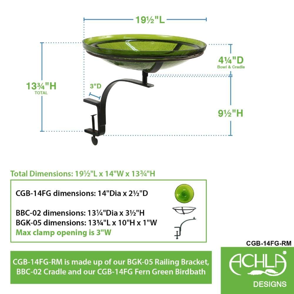 Achla Designs 13.7" x 19.5" x 14" Reflective Crackle Glass Birdbath Bowl with Rail Mount Bracket: Weather-Resistant, No Assembly Required