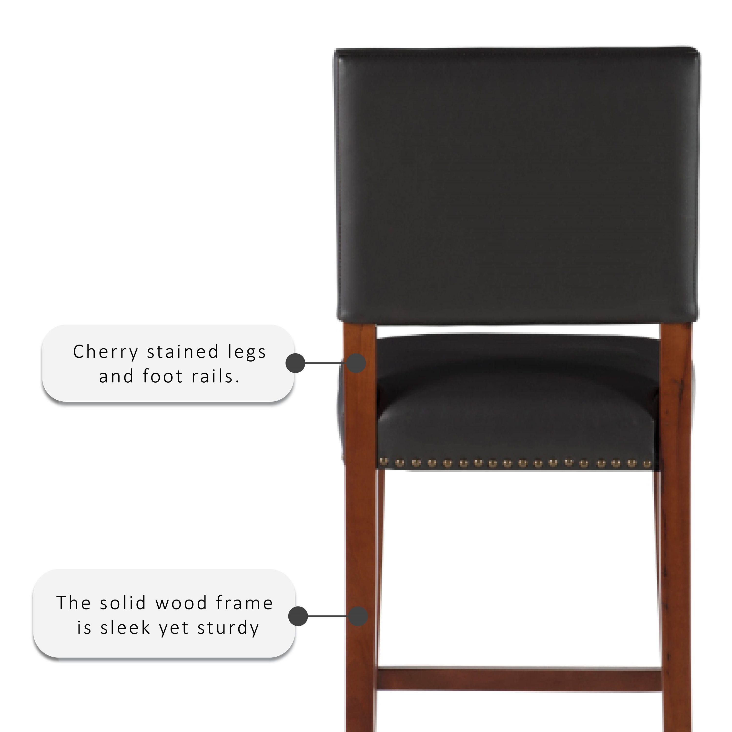 24" Brook Padded Back Faux Leather Nailhead Counter Height Barstool Black - Linon: Cherry-Stained Legs, Footrails