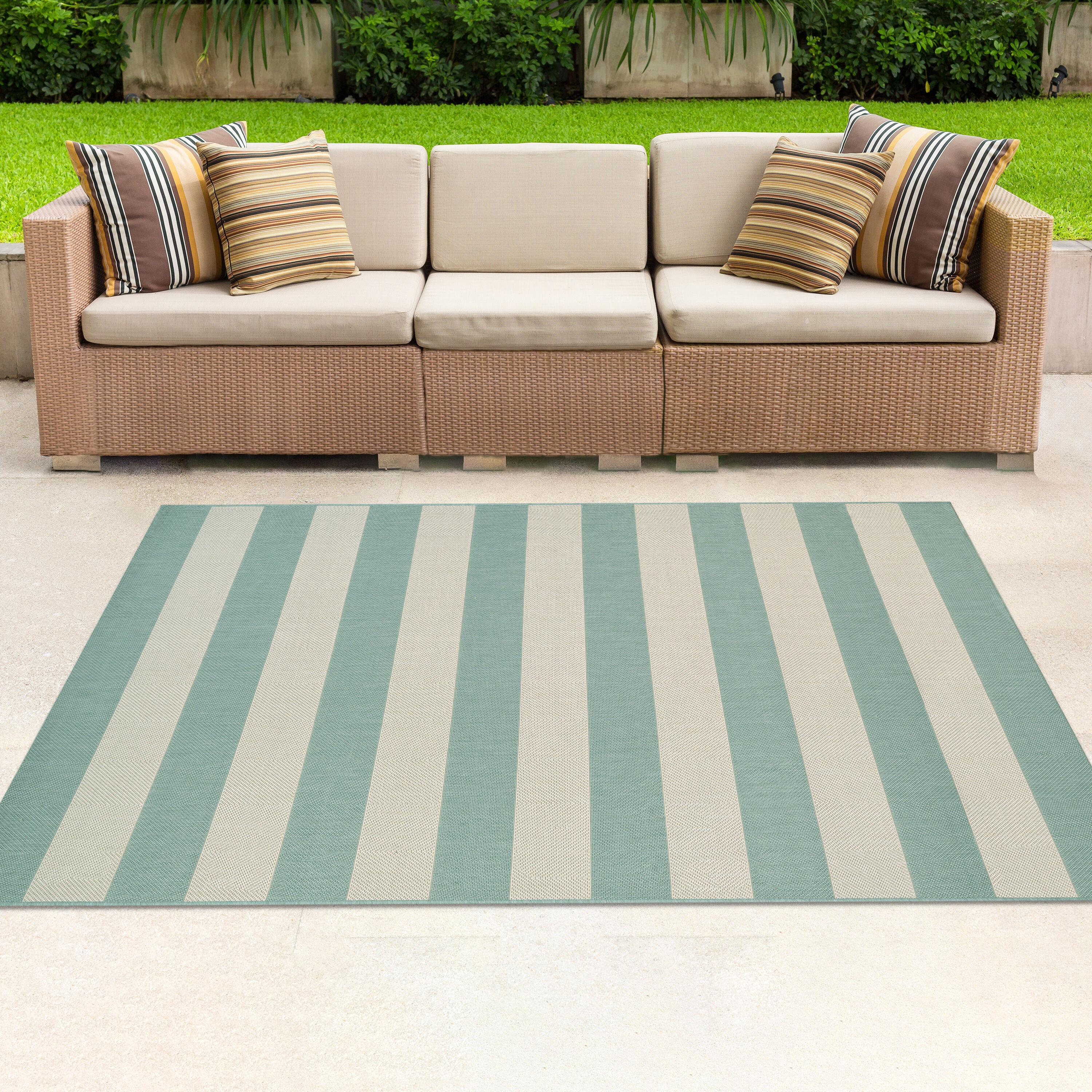 Couristan Afuera Yacht Club 5'3" x 7'6" Sea Mist Green and Ivory Stripe Outdoor Rectangle Rug