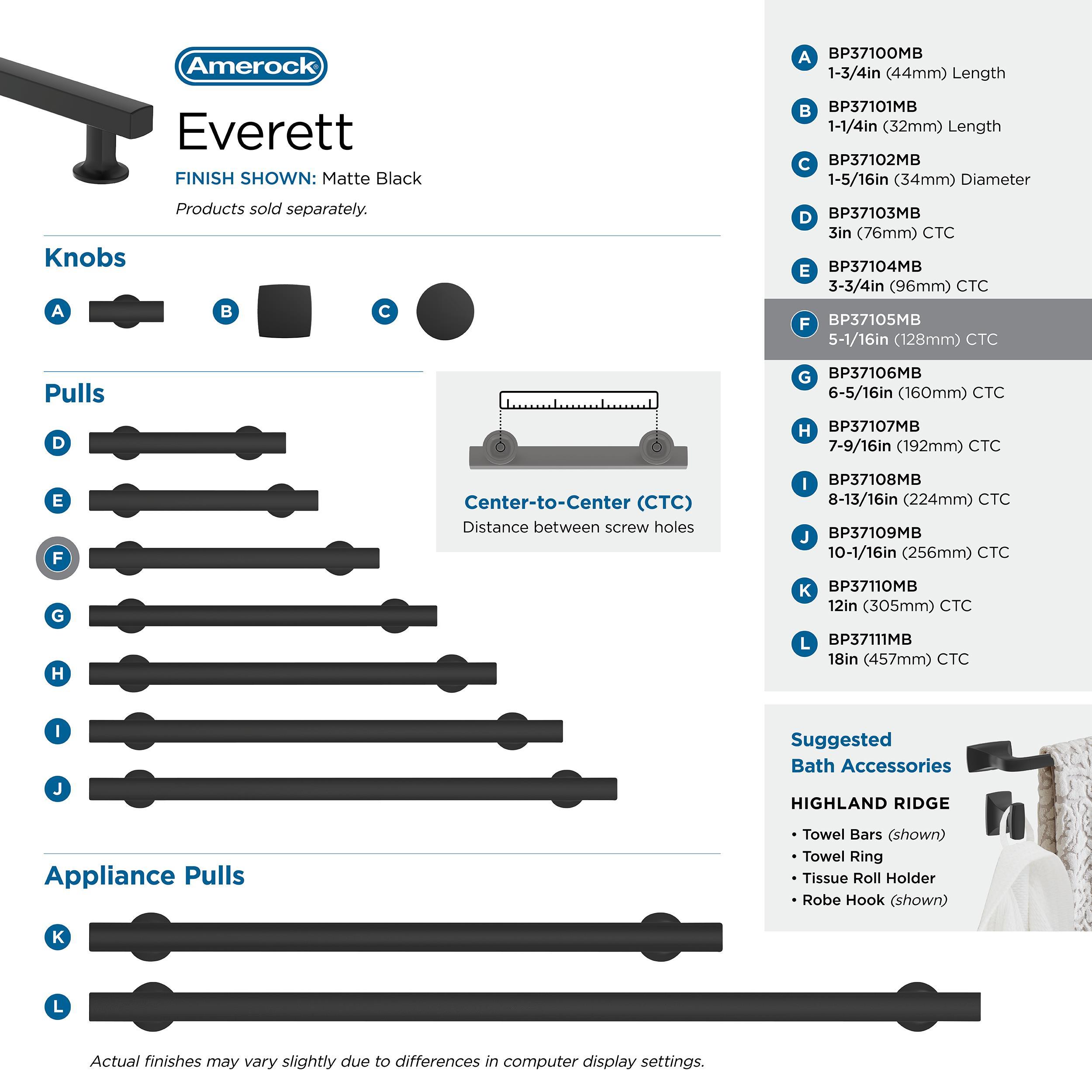 Amerock Everett 5-1/16 inch (128mm) Center-to-Center Matte Black Cabinet Pull