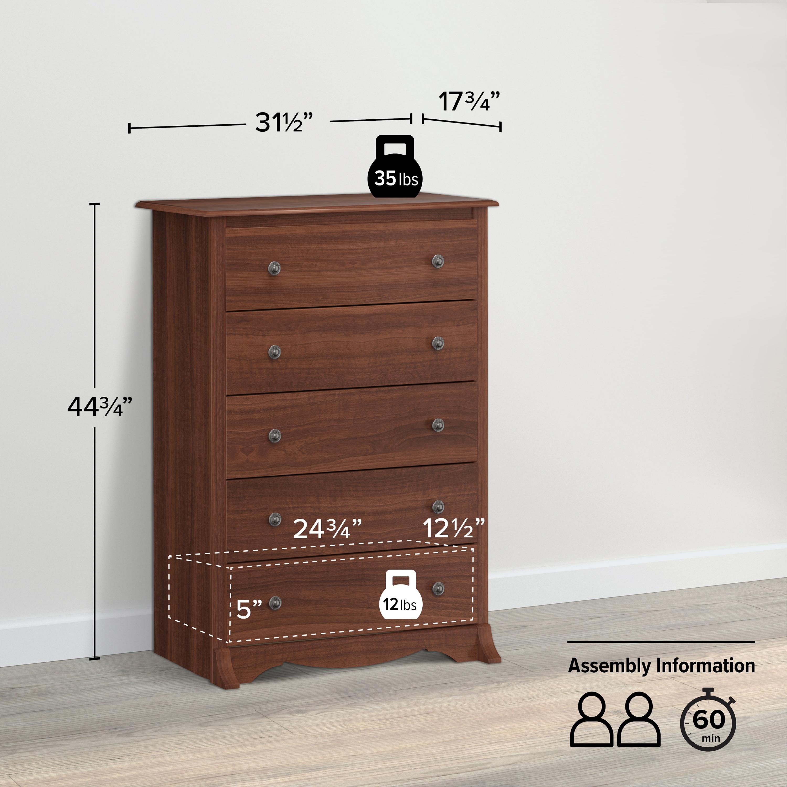 45.25" Monterey Vertical Dresser Cherry - Prepac: 5-Drawer Storage for Bedroom Space Savers