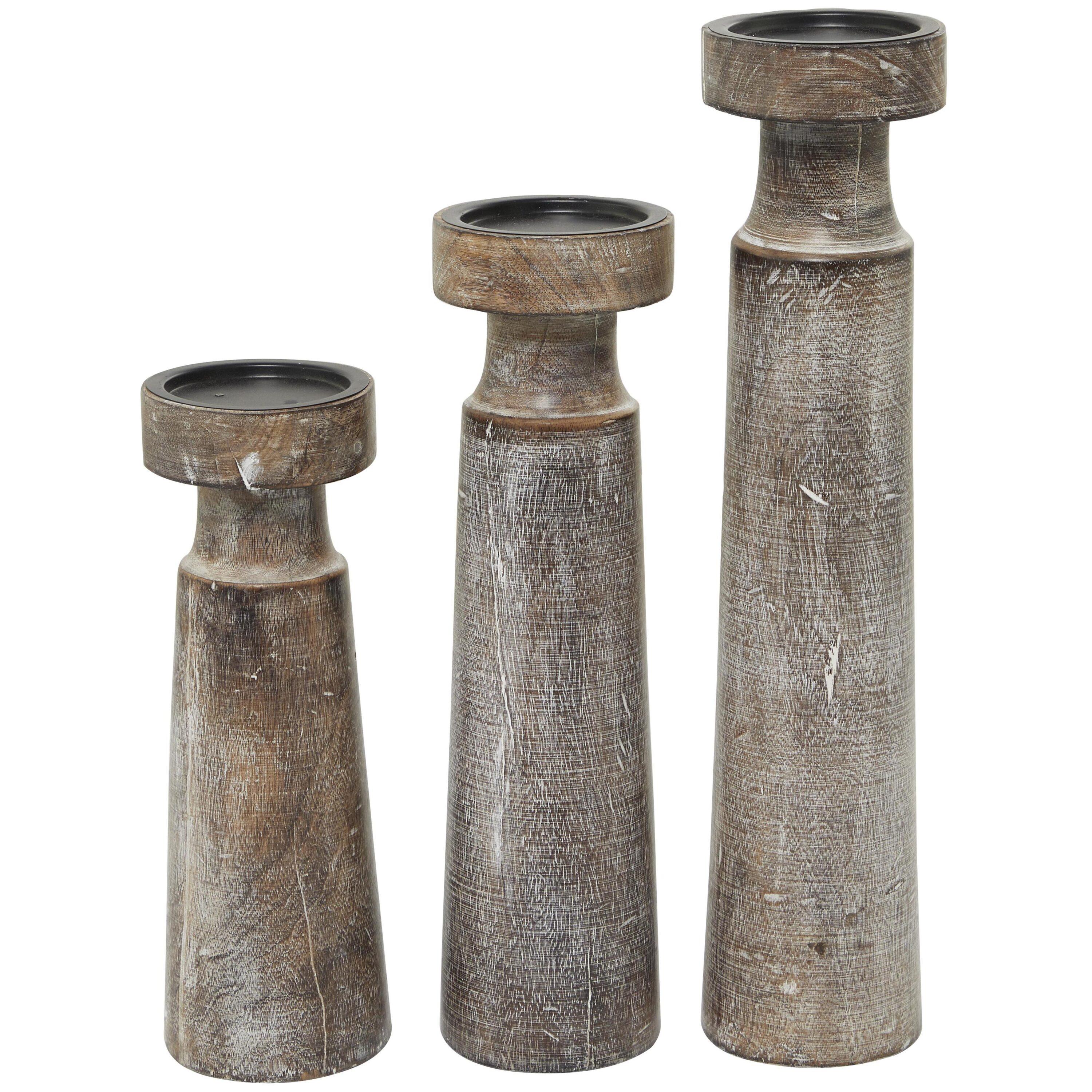 Olivia & May Set of 3 Rustic Cylindrical Mango Wood Candle Holders Brown: Modern Decor, Fits Pillar Candles