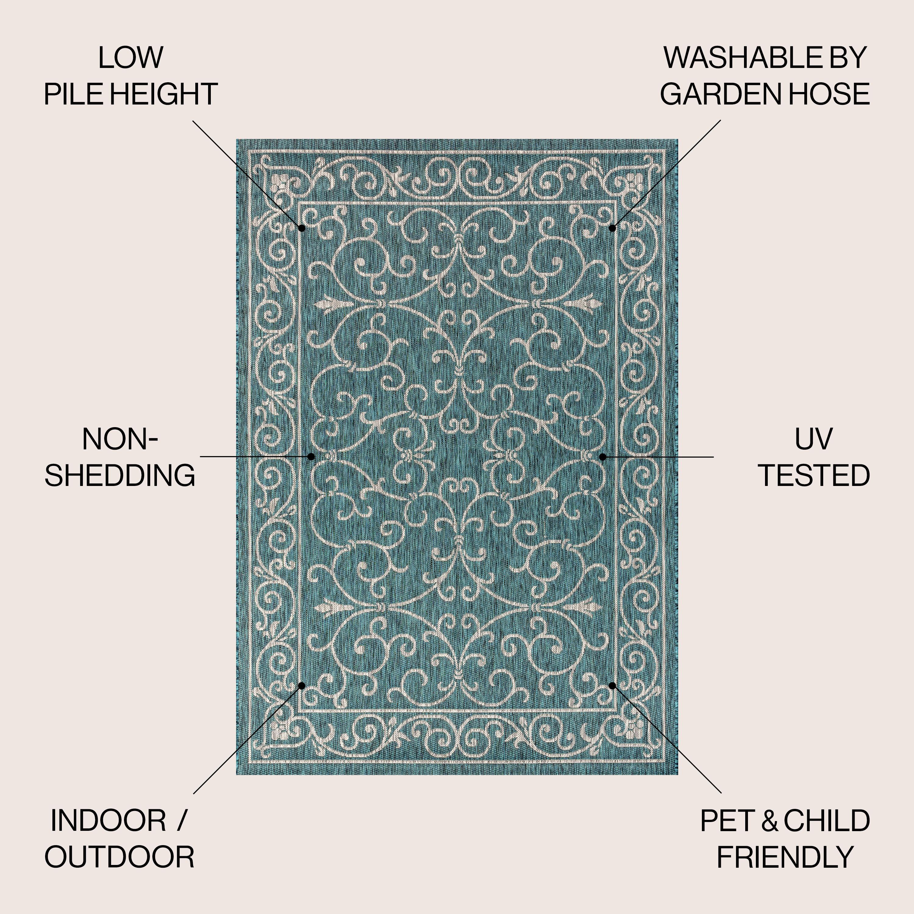 5' Square Charleston Vintage Filigree Textured Weave Indoor/Outdoor Area Rug, Teal/Gray - JONATHAN Y