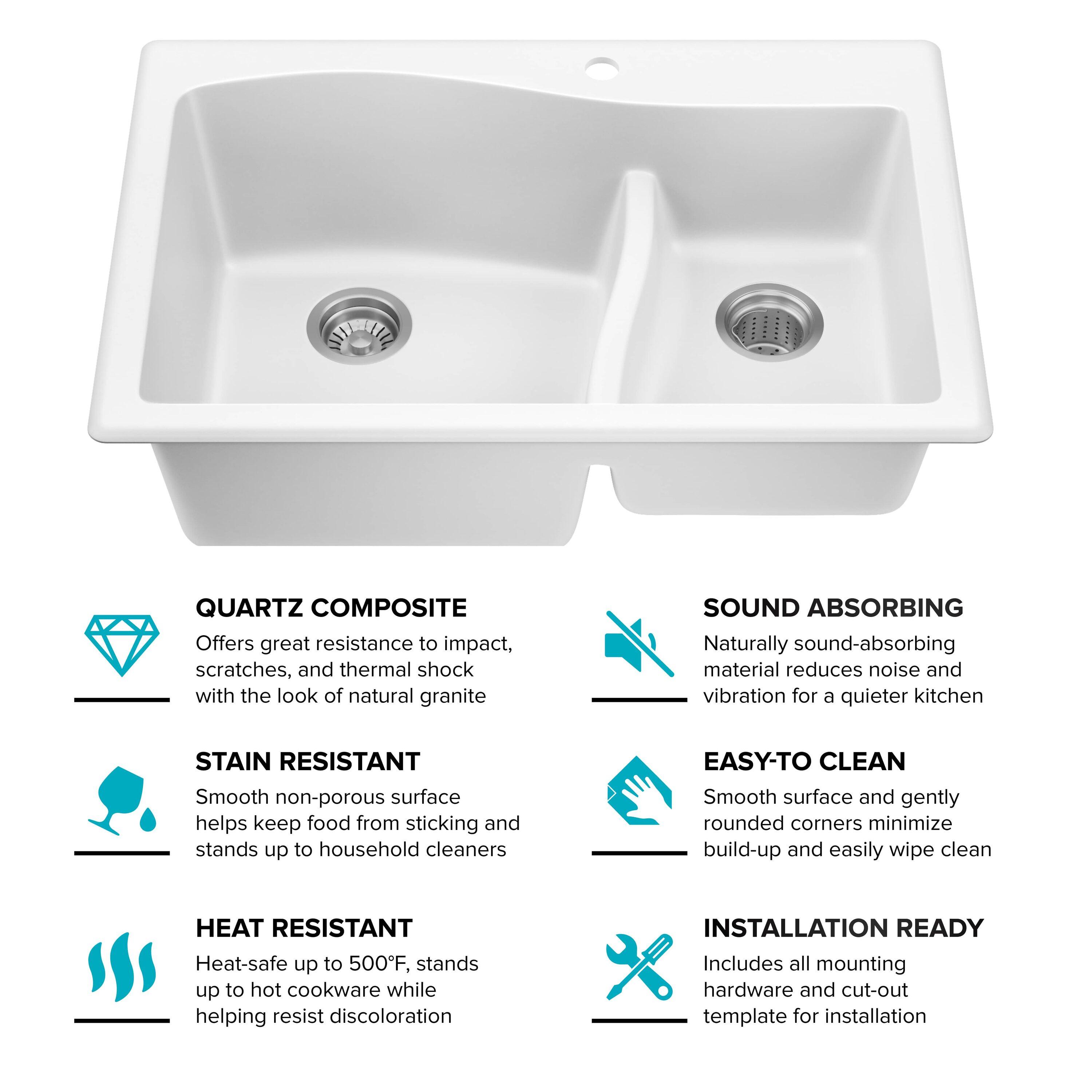 Kraus KRAUS Quarza™ 33" L Dual Mount 60/40 Double Bowl Granite Kitchen Sink KGD-442WHITE