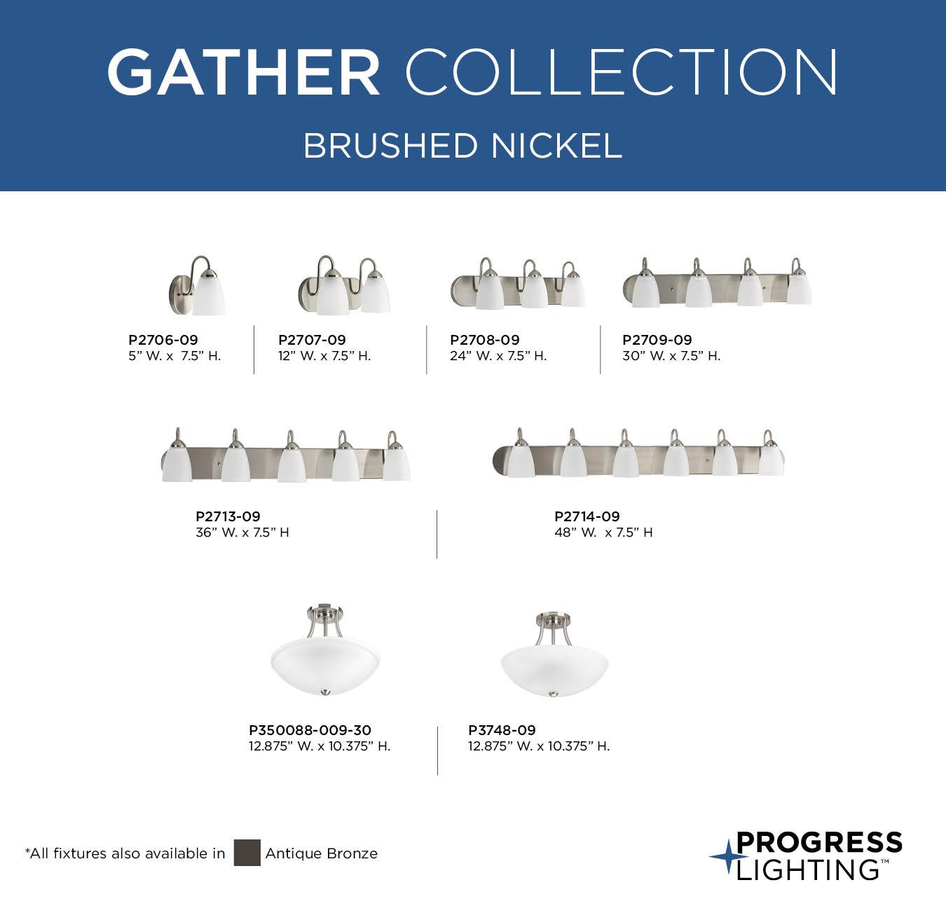 Progress Lighting Gather 3-Light Bath Bracket, Brushed Nickel, Etched Glass Shades