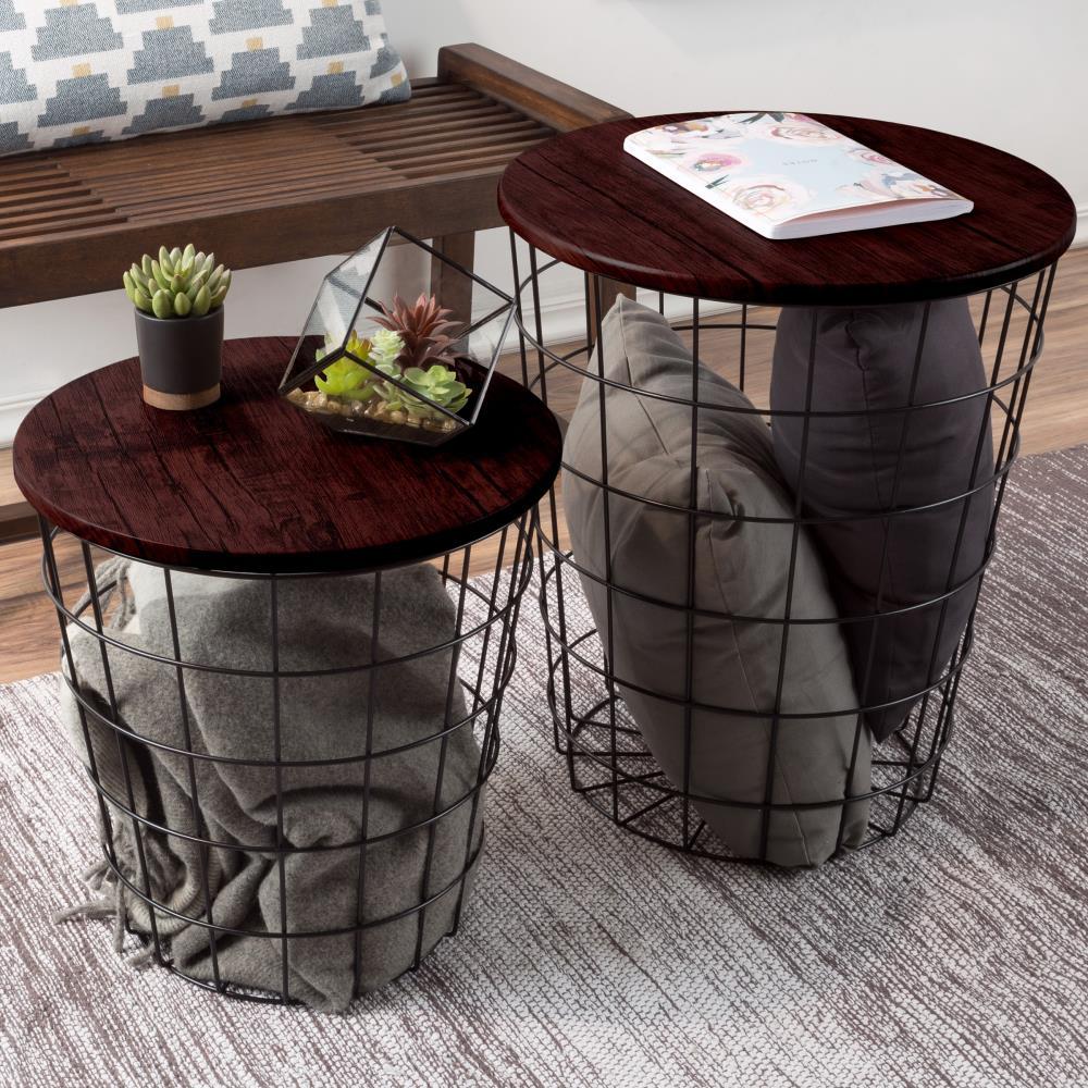 Hastings Home Nesting Tables with Storage Round Metal Basket, Cherry, Set of 2