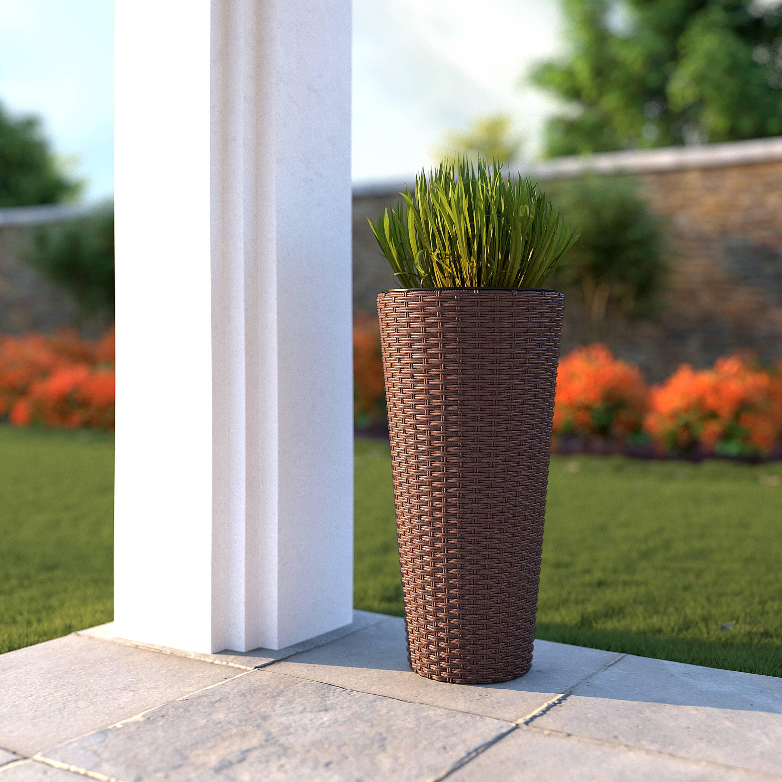 Balkene Home Noah All-Weather Wicker Planter Set with Liners Tall Plant Decor Box for Outdoors & Indoors Patio Herb Garden - 2 Piece Set – Mocha