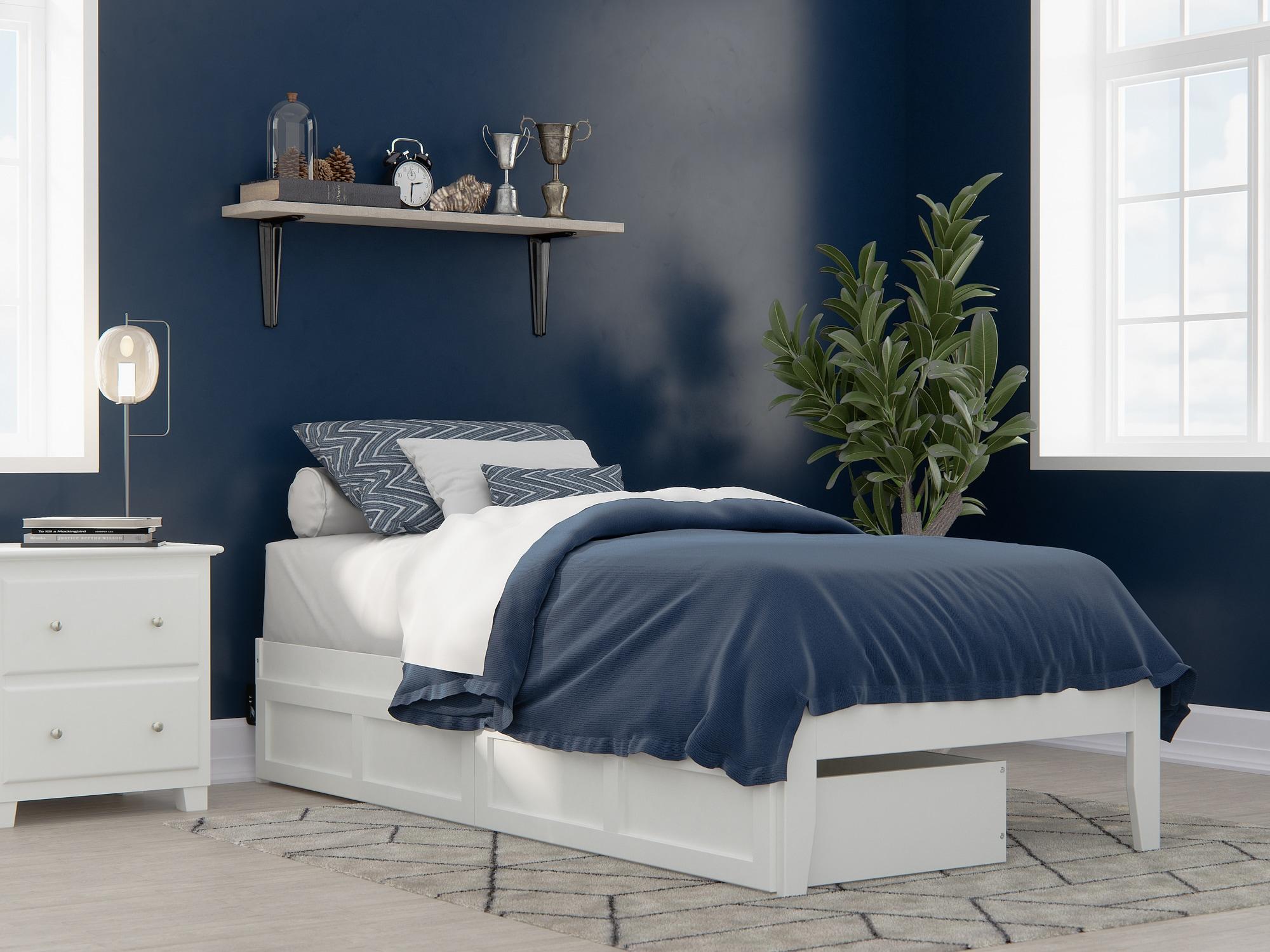 White Twin Platform Bed with Storage Drawers and USB Charger