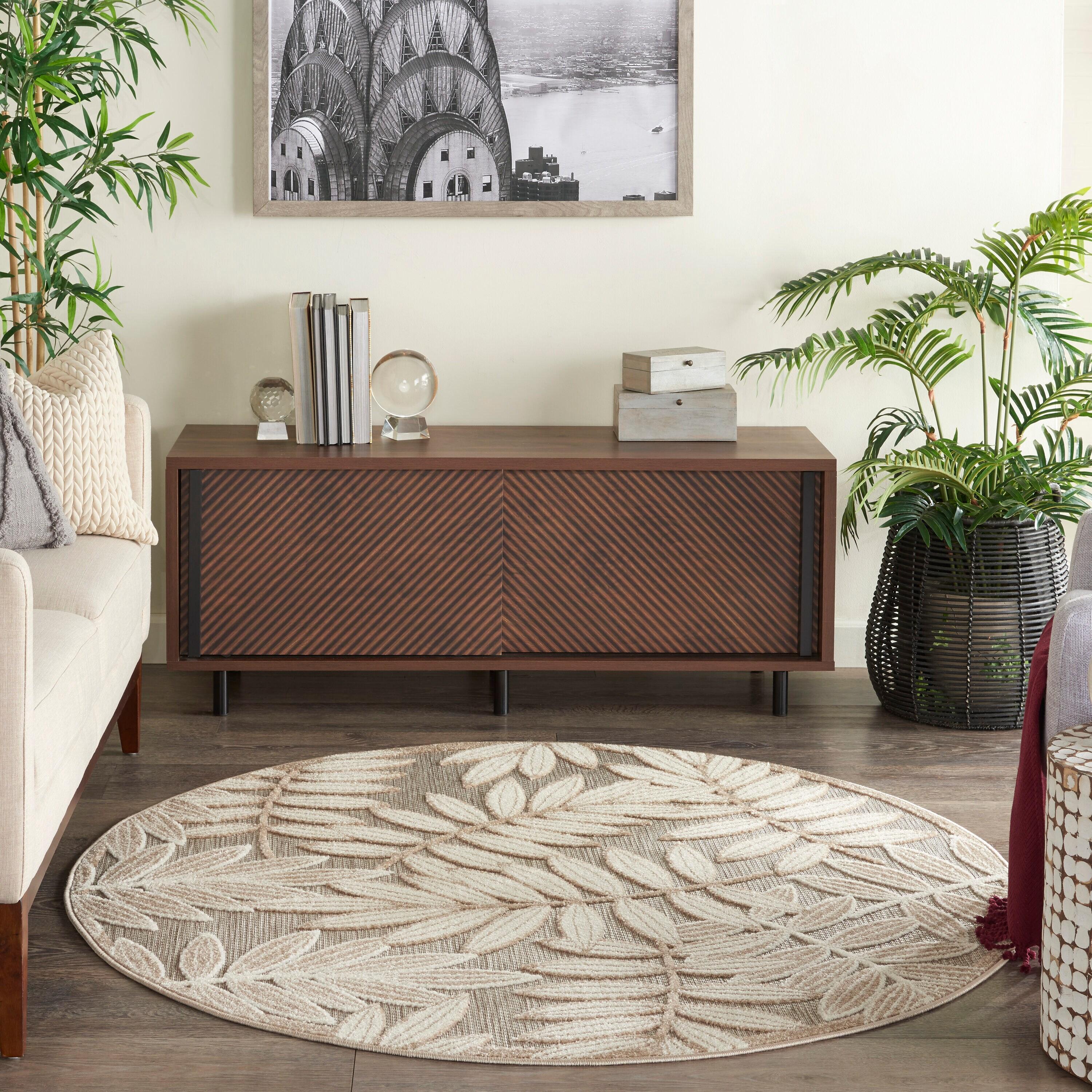 Nourison Aloha Floral Leaf Flatweave High-Low Indoor Outdoor Round Rug Natural 5'3" x 5'3"