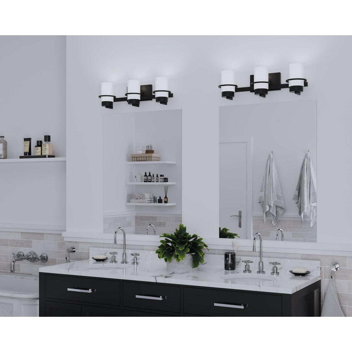 Progress Lighting Reiss 3-Light Vanity Light, Matte Black, White Glass Shade