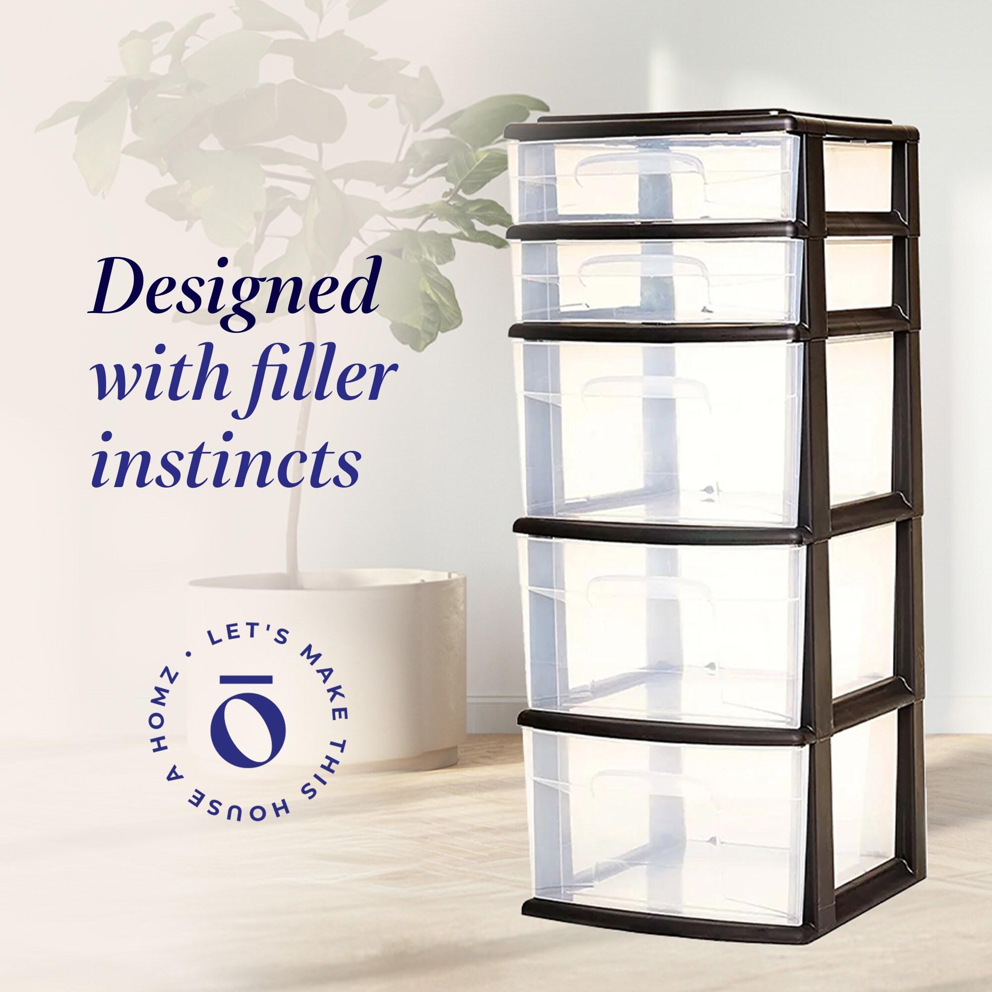 Homz Plastic 5 Clear Drawer Medium Home Closet Organizer Storage Container Tower with 3 Large Drawers and 2 Small Drawers, Black Frame