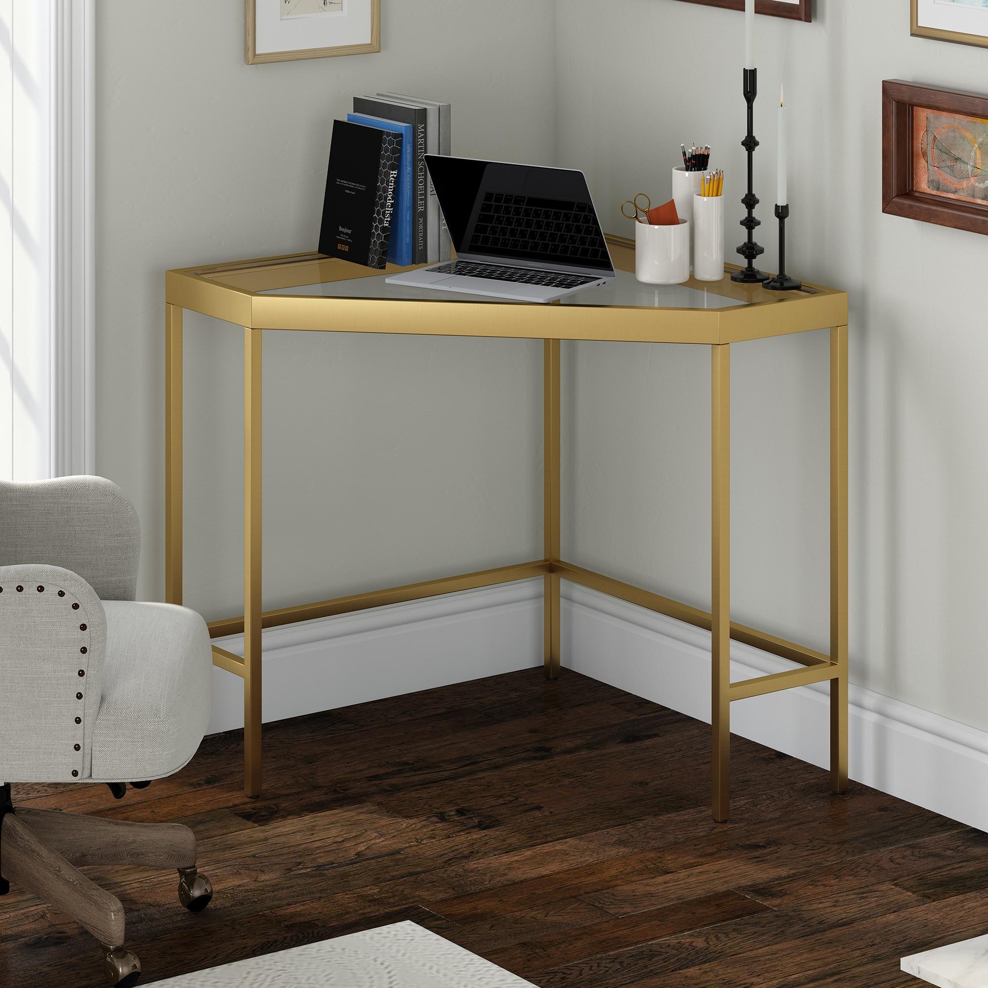 Henn&Hart 42" Brass Finish Metal/Glass Home Office