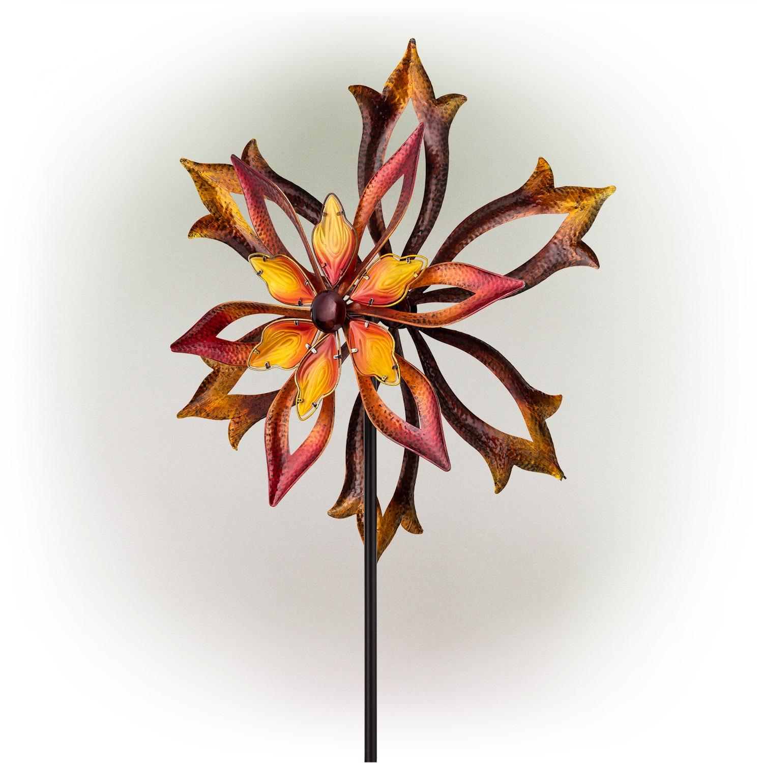 96" Glass/Iron Outdoor Flower Dual Kinetic Spinner Stake Red/Yellow - Alpine Corporation: Yard Art Decor