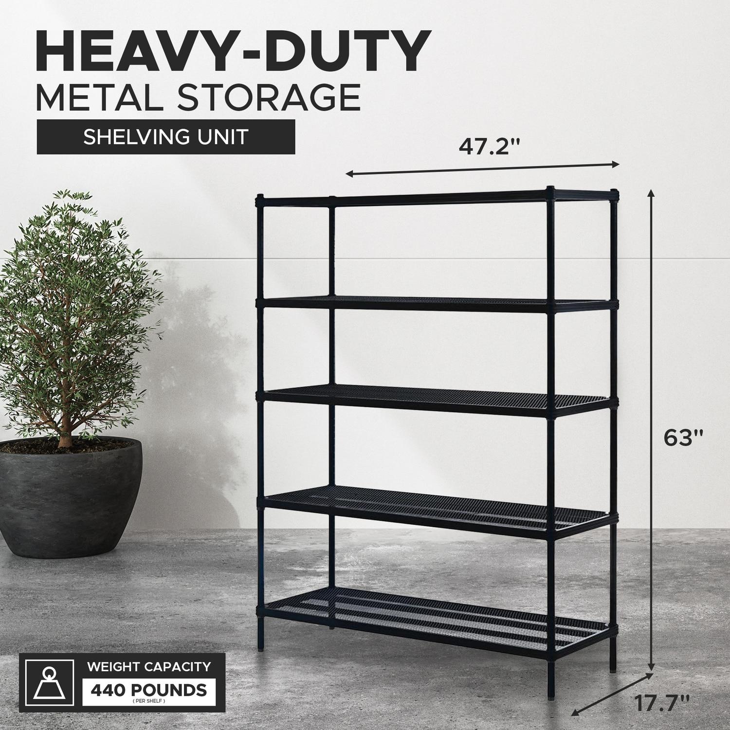 Design Ideas MeshWorks 5 Tier Full-Size Metal Storage Shelving Unit Rack for Kitchen, Office, and Garage Organization, 47.2” x 17.7” x 63,” Black