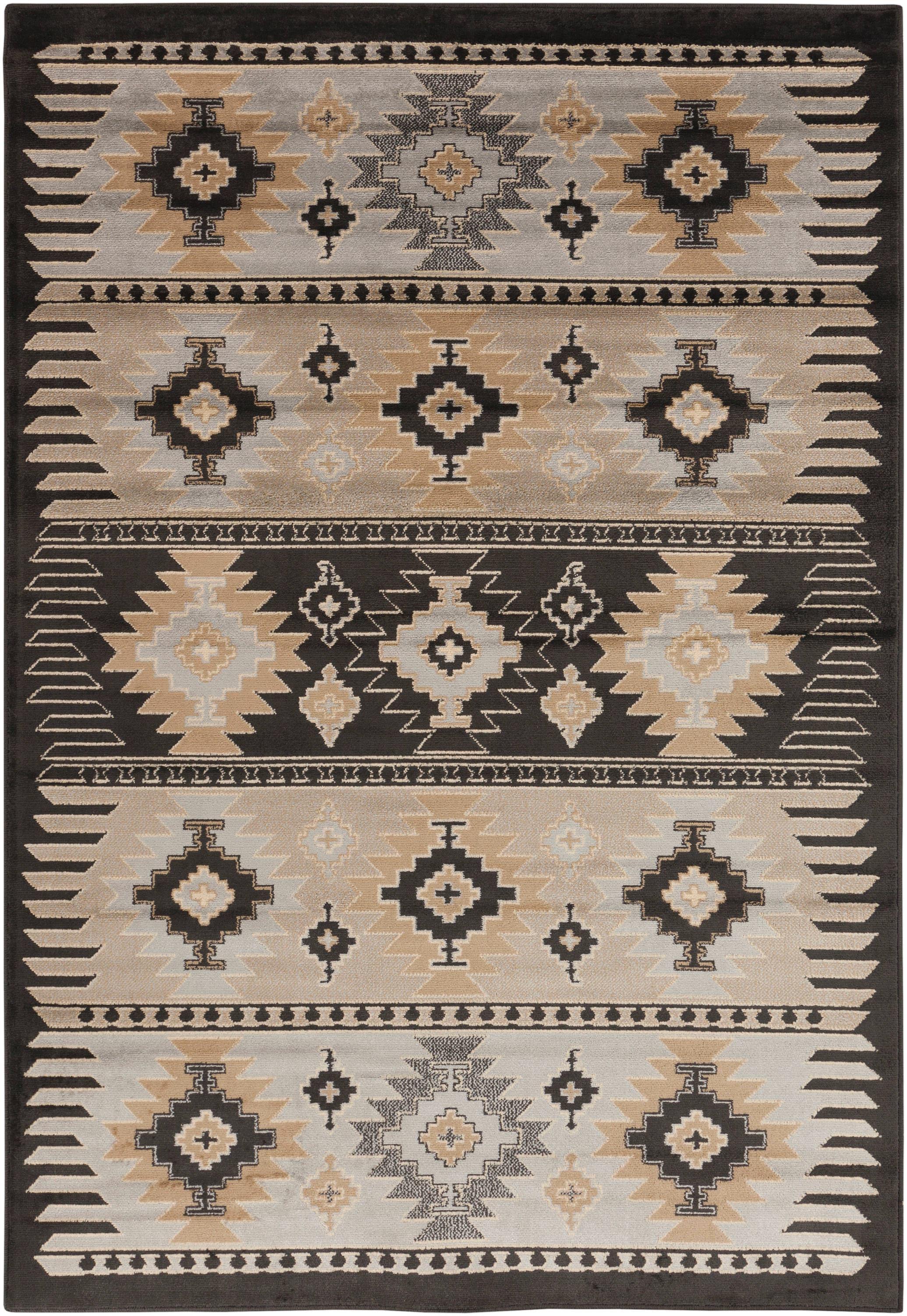 Greige and Black Synthetic Southwest Print Rectangular Area Rug