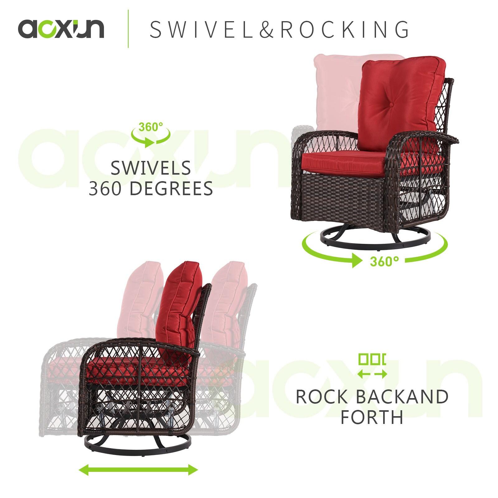 ECOPATIO 3 Pieces Patio Furniture Set, Outdoor Swivel Gliders Rocker, Wicker Patio Bistro Set with Rattan Rocking Chair, Glass Top Side Table and Thickened Cushions for Porch Deck Backyard(Red)