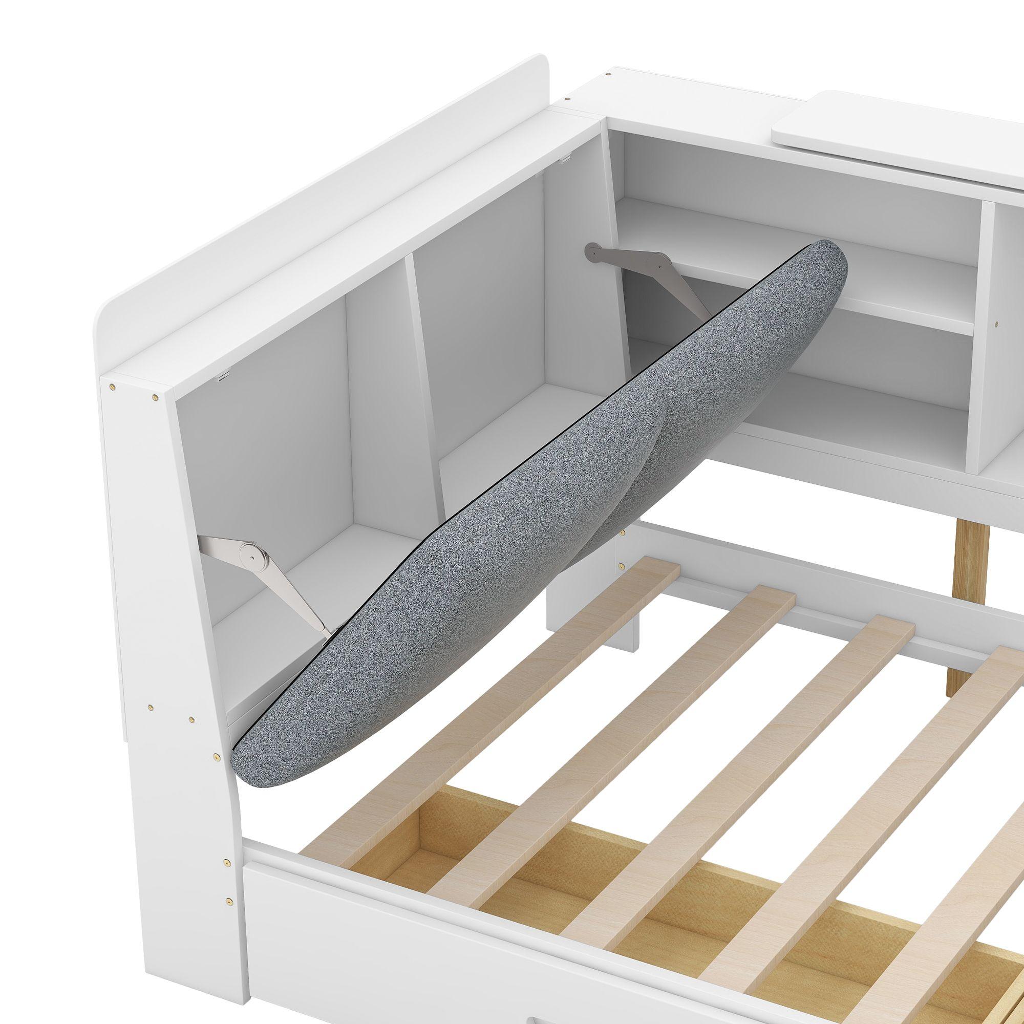 Bellemave Twin Size Platform Bed with Storage Drawers, Solid Wood Daybed with Storage Headboard and Bookcase, Sofa Bed Frame Upholstered Headboard for Kids Boys Girls（White)