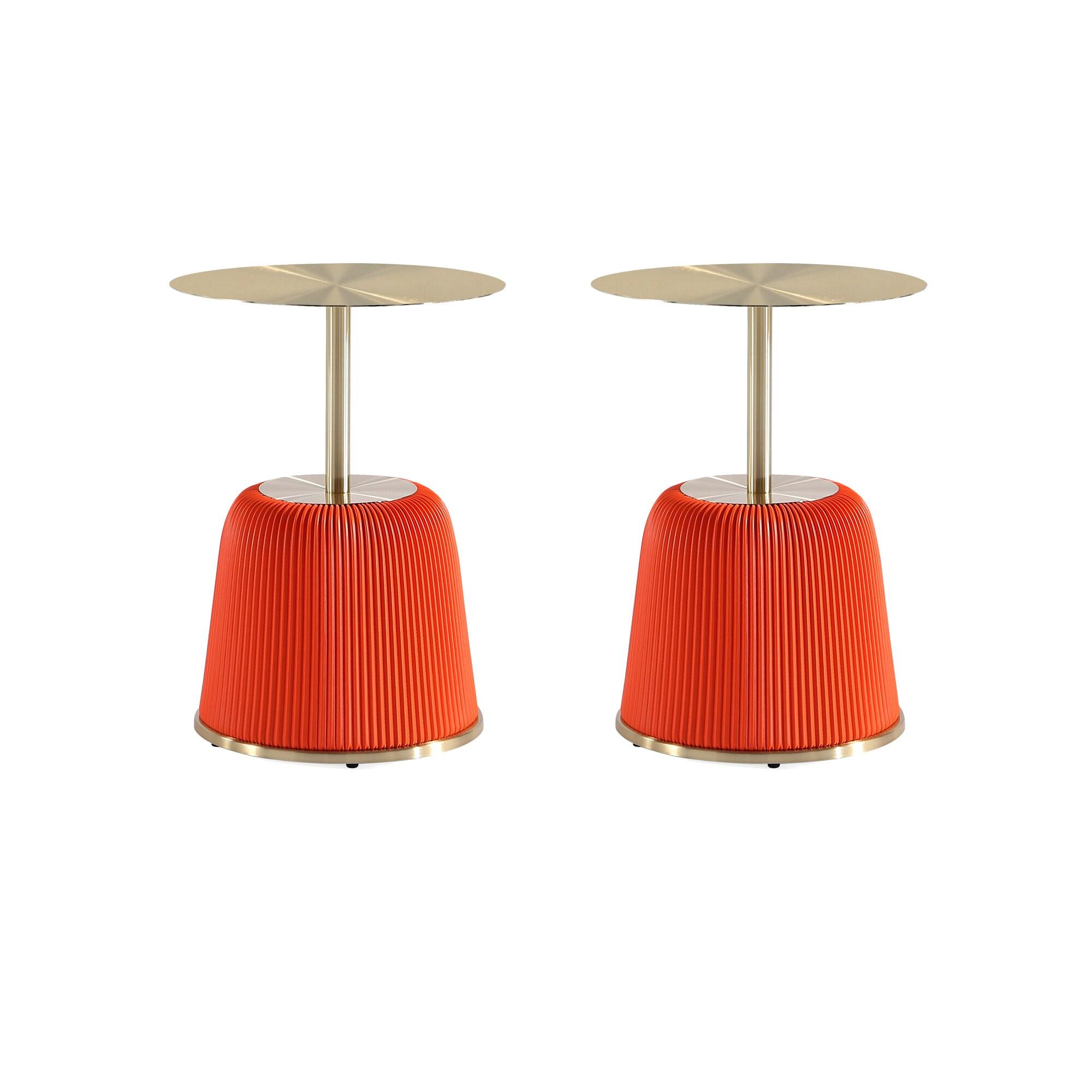 Manhattan Comfort Set of 2 Anderson Leatherette Upholstered End Tables with Gold Tabletop Orange: Round, No Assembly, Stainless Steel Frame