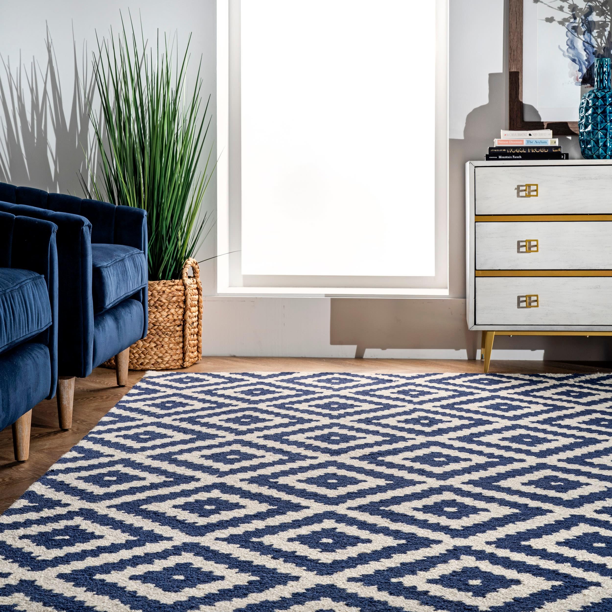 Nuloom Kellee Geometric 3x5 Wool Accent Indoor Area Rug for Living Room Bedroom Dining Room Entryway Kitchen, Navy/White