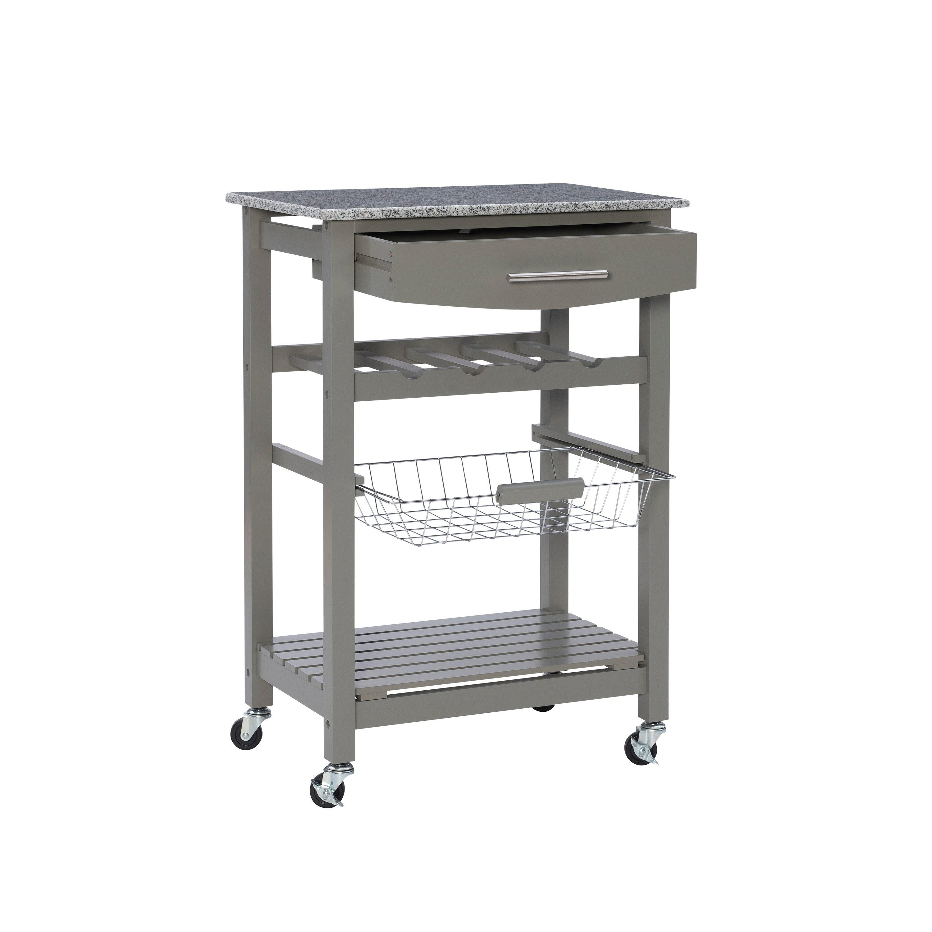 Roger Gray Wood Movable Kitchen Cart Granite Top Storage Wine Rack Locking Wheels - Linon