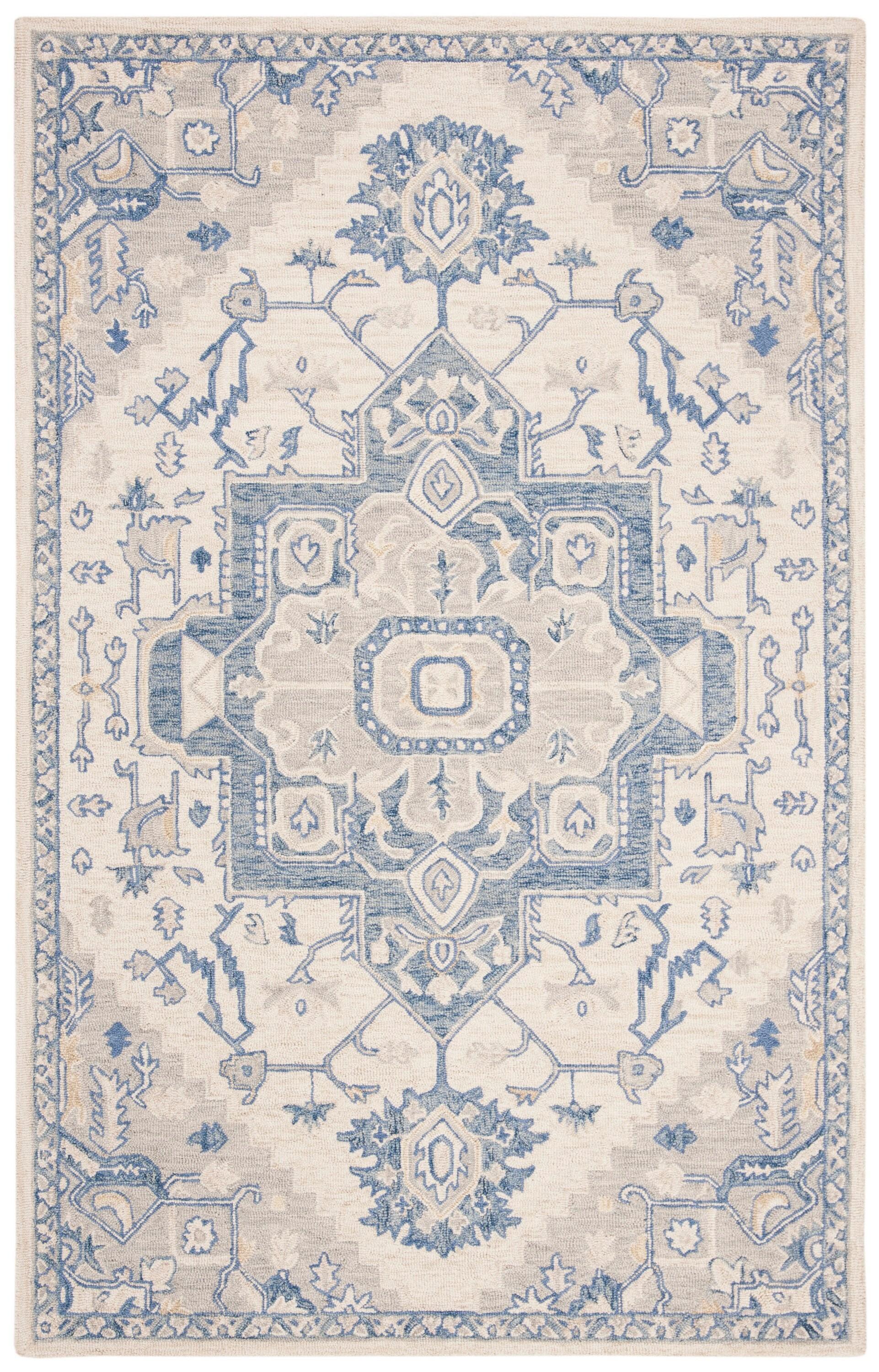 SAFAVIEH Micro-Loop Braylon Traditional Floral Wool Area Rug, Ivory/Blue, 4' x 6'