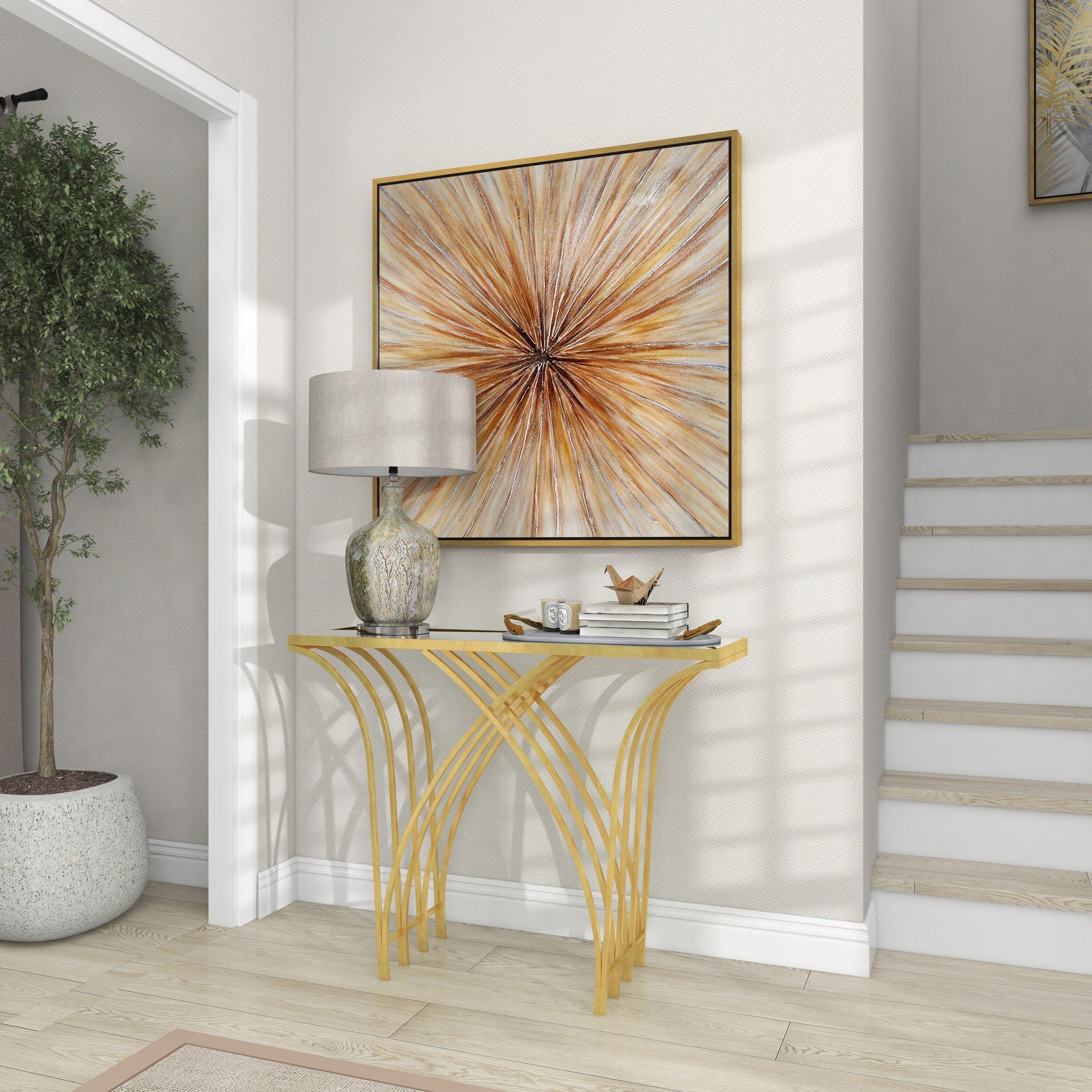 Mercer41 Derbyshire Metal Geometric Gold Console Table with Mirrored Glass Top