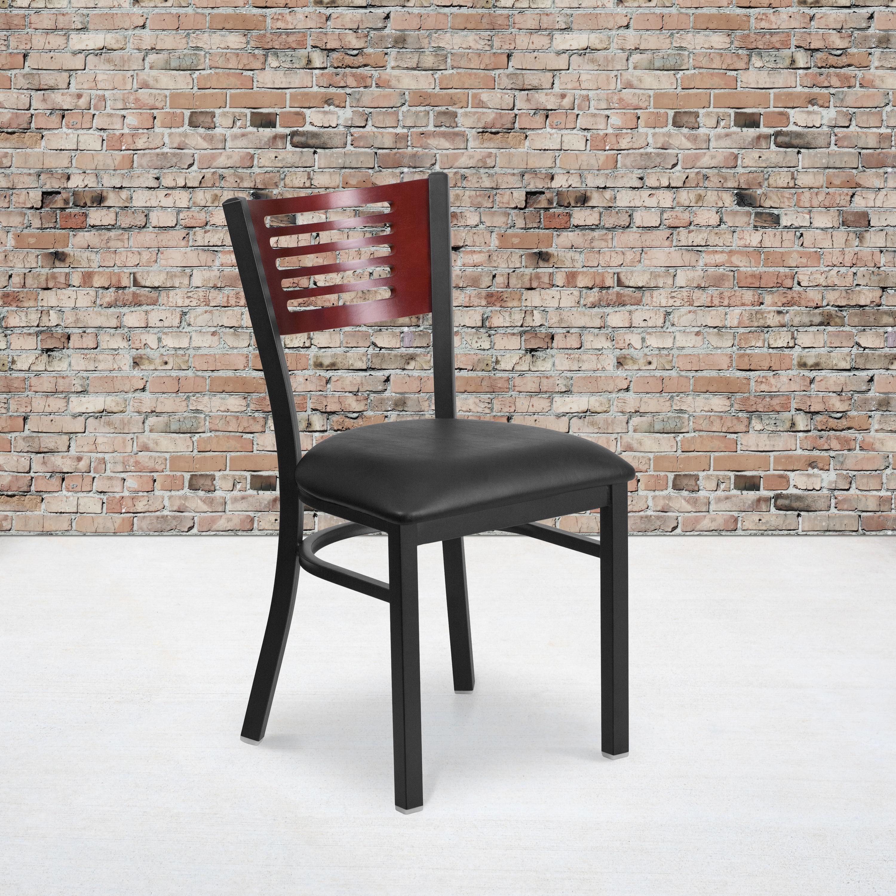 Mahogany Slat-Back Chair with Black Vinyl Seat and Metal Frame