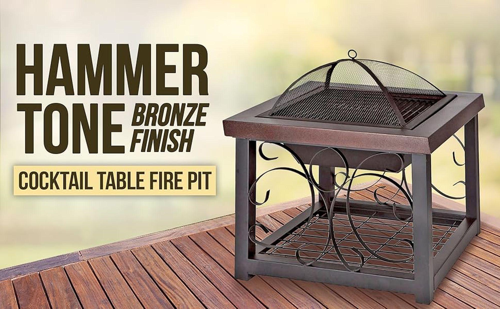 Fire Sense Fire Pit Cocktail Square Table Wood Burning Mesh Spark Screen Wood Grate with Storage Rack – Hammered Bronze Finish