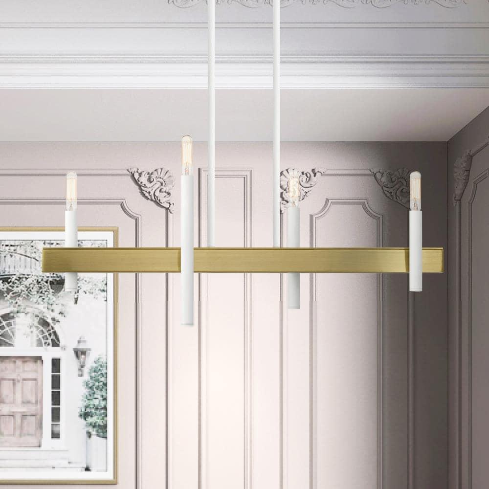 Elegance Crystal Rod 4-Light Chandelier in White and Antique Brass