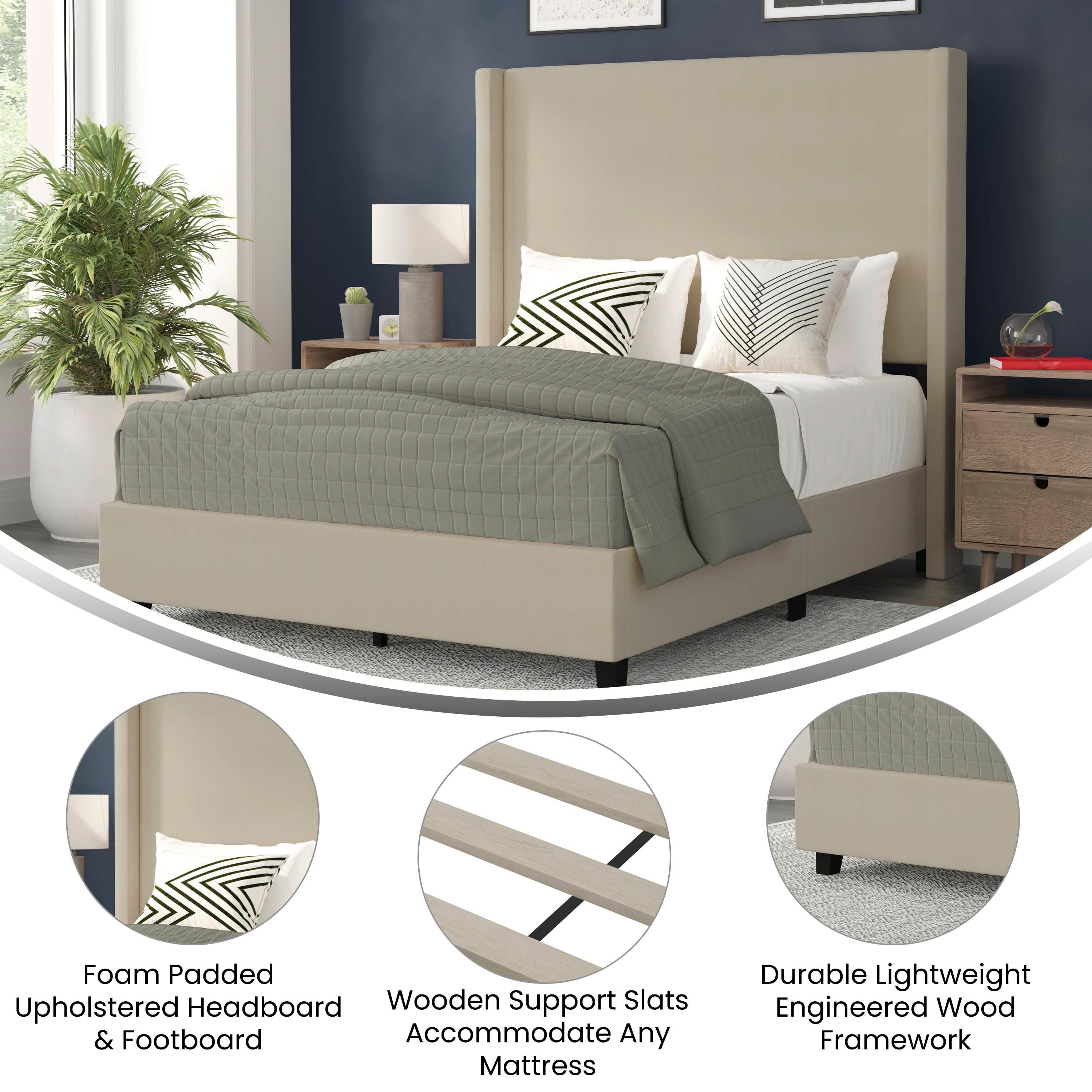 Flash Furniture Quinn Queen Upholstered Platform Bed with Channel Stitched Wingback Headboard, No Box Spring Needed, Beige