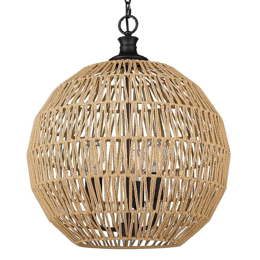 Golden Lighting Florence 3-Light Pendant in Matte Black with Natural Raphia Rope