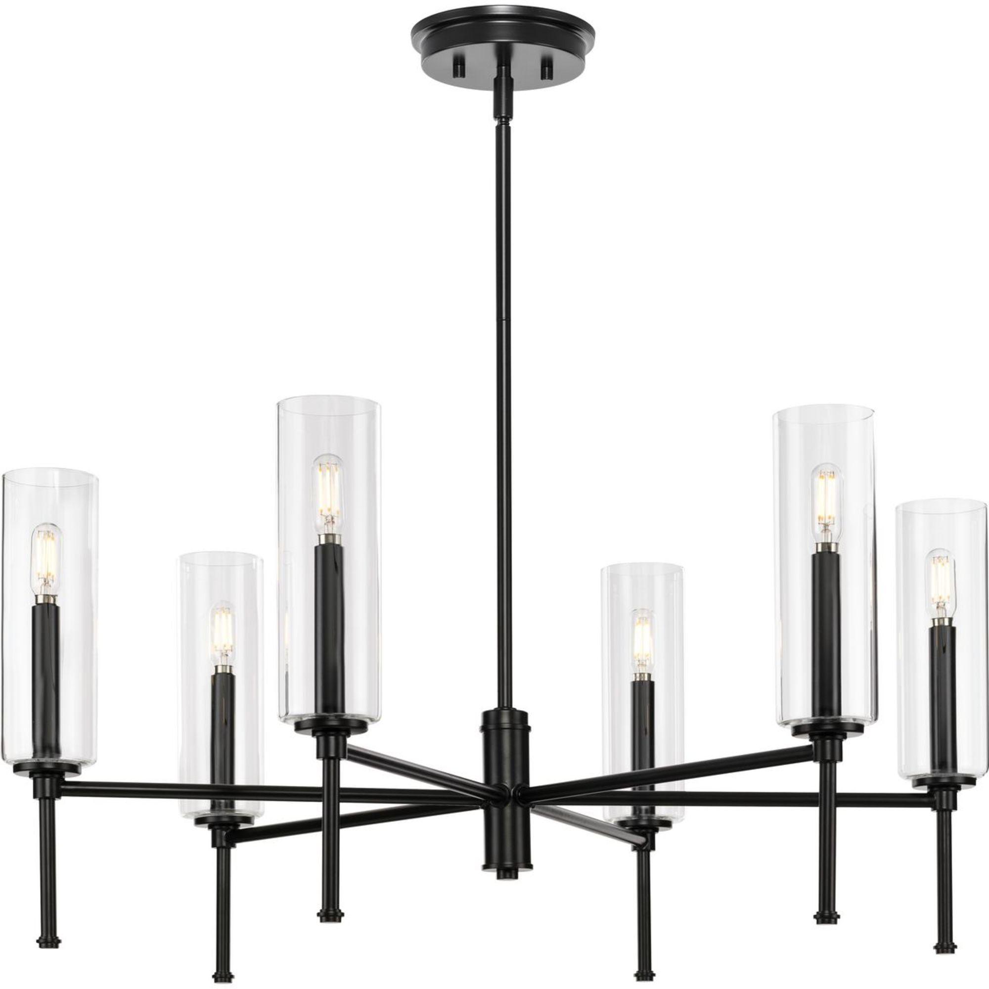 Progress Lighting Elara 6-Light Chandelier, Steel, Matte Black, Clear Glass Shades