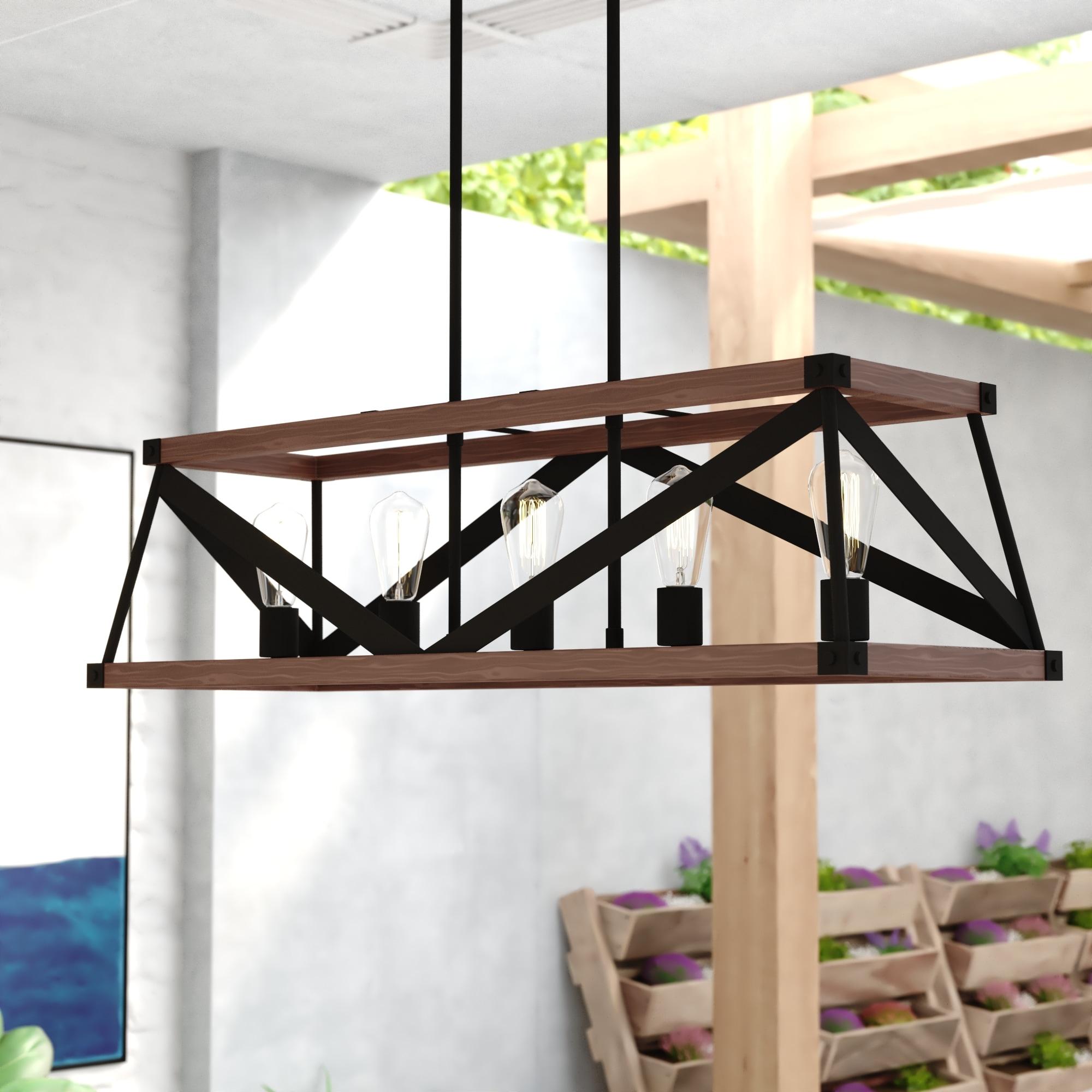 Matte Black and Sycamore Wood Cage Linear Chandelier