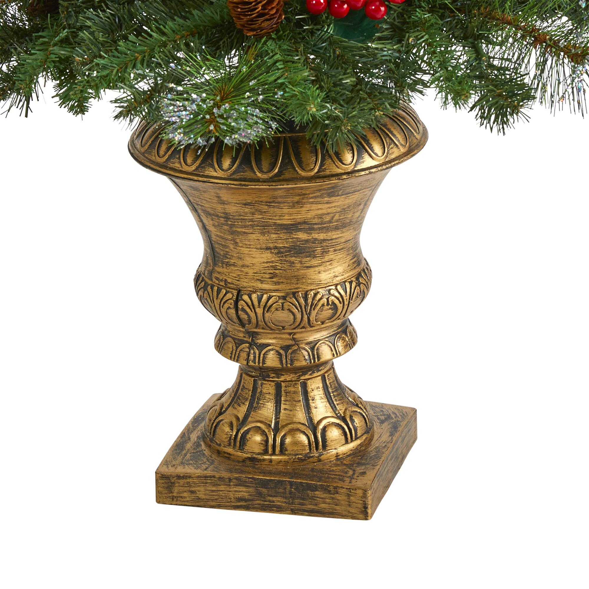 Nearly Natural 4-ft Pine, Pinecone and Berries Artificial Christmas Tree with 100 Clear LED Lights in Decorative Urn