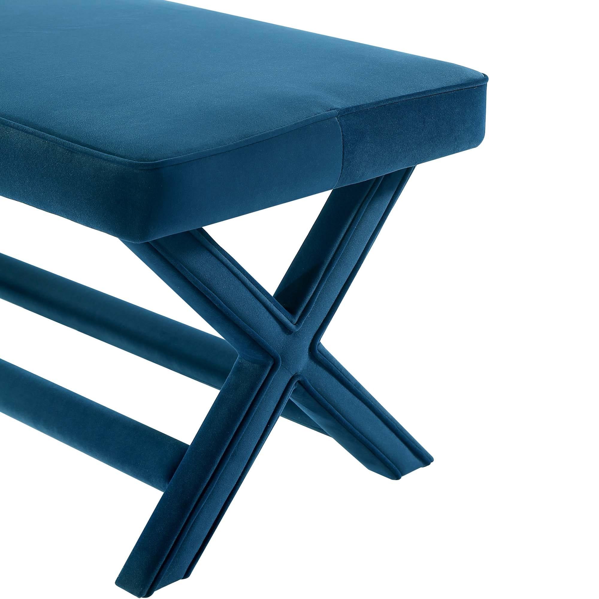 Manhattan Comfort Abigail Velvet Upholstered Double Ottoman Blue: Mid-Century Modern, Padded, Wood Legs